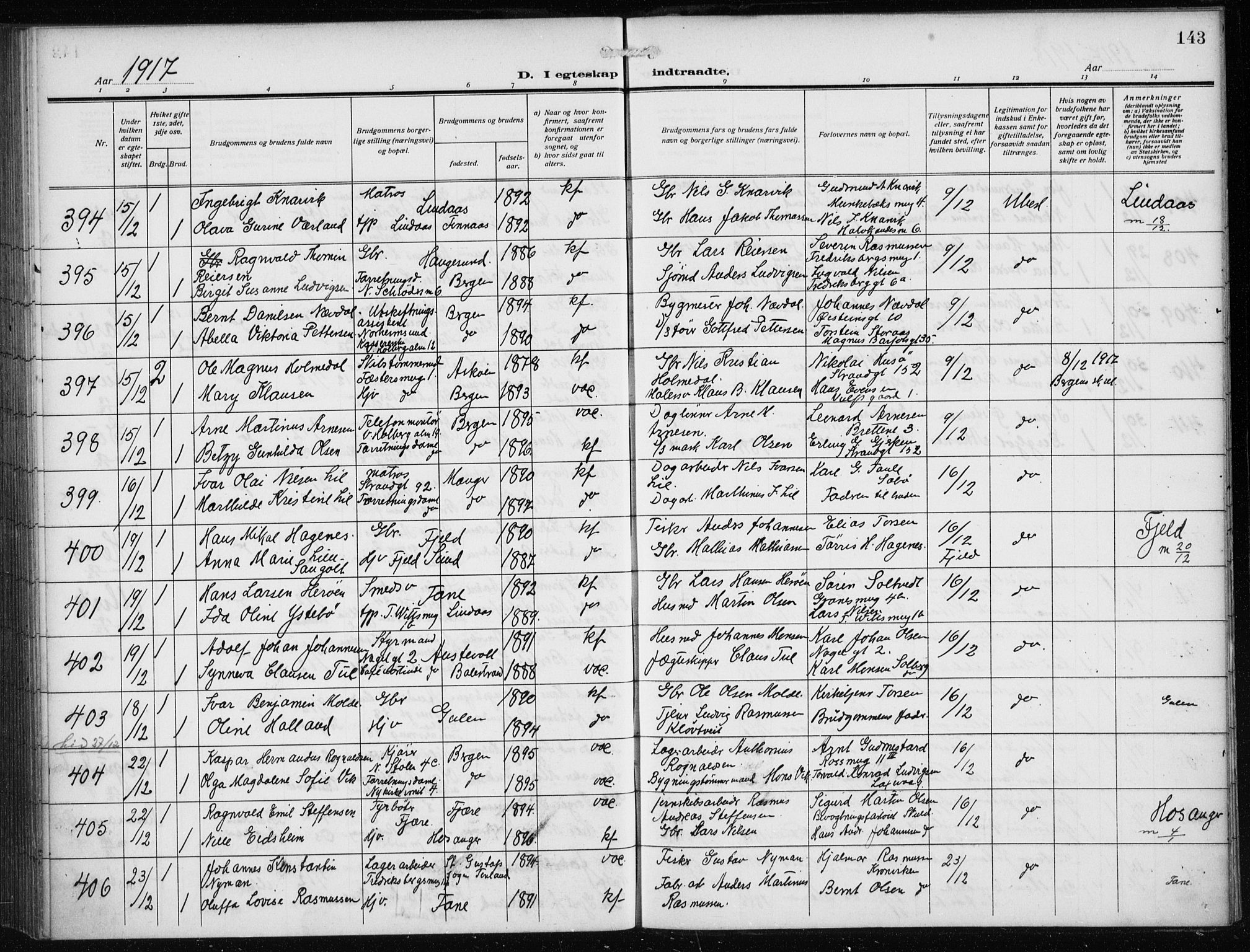 Nykirken Sokneprestembete, AV/SAB-A-77101/H/Haa/L0036: Parish register (official) no. D 6, 1913-1918, p. 143