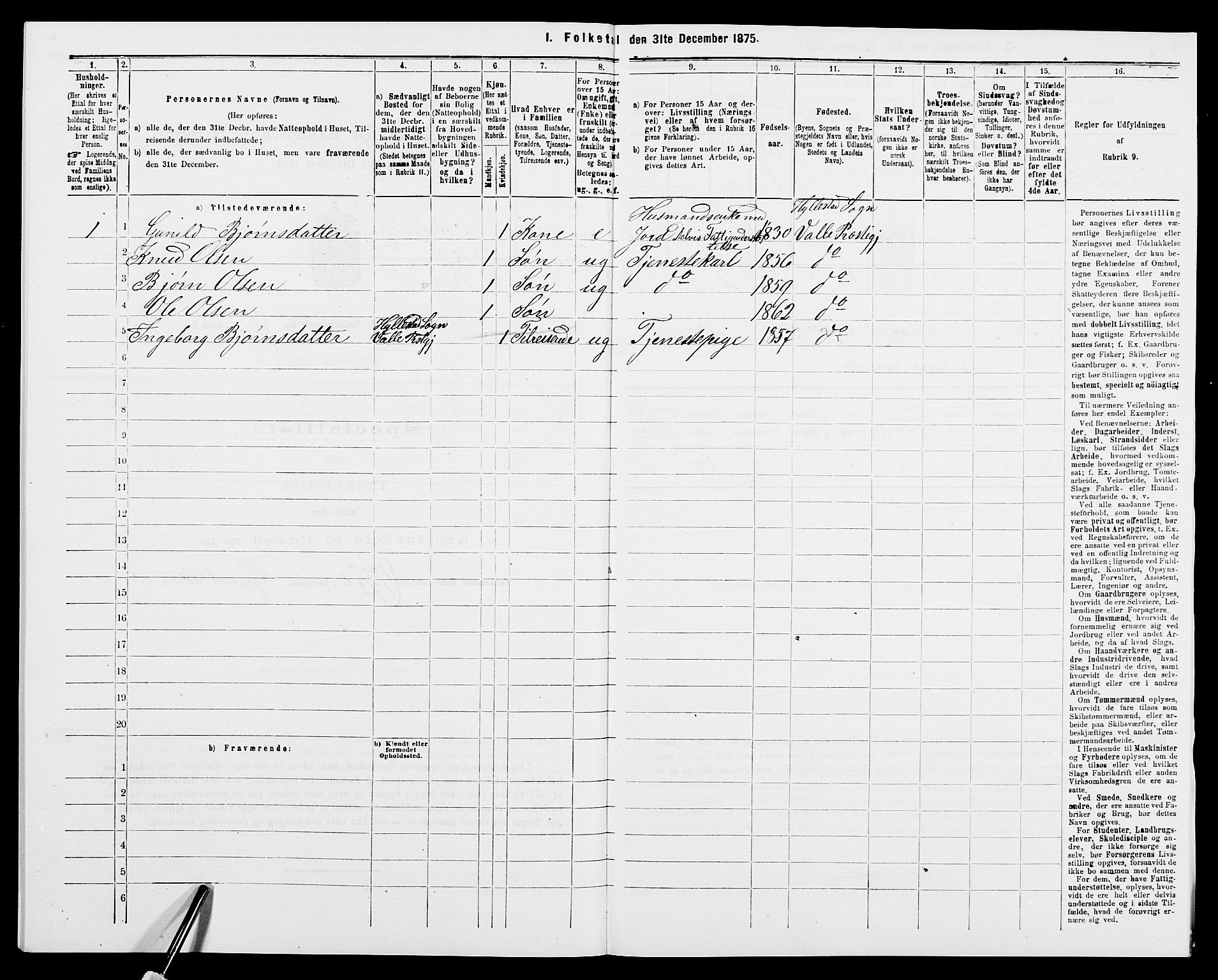 SAK, 1875 census for 0940P Valle, 1875, p. 168