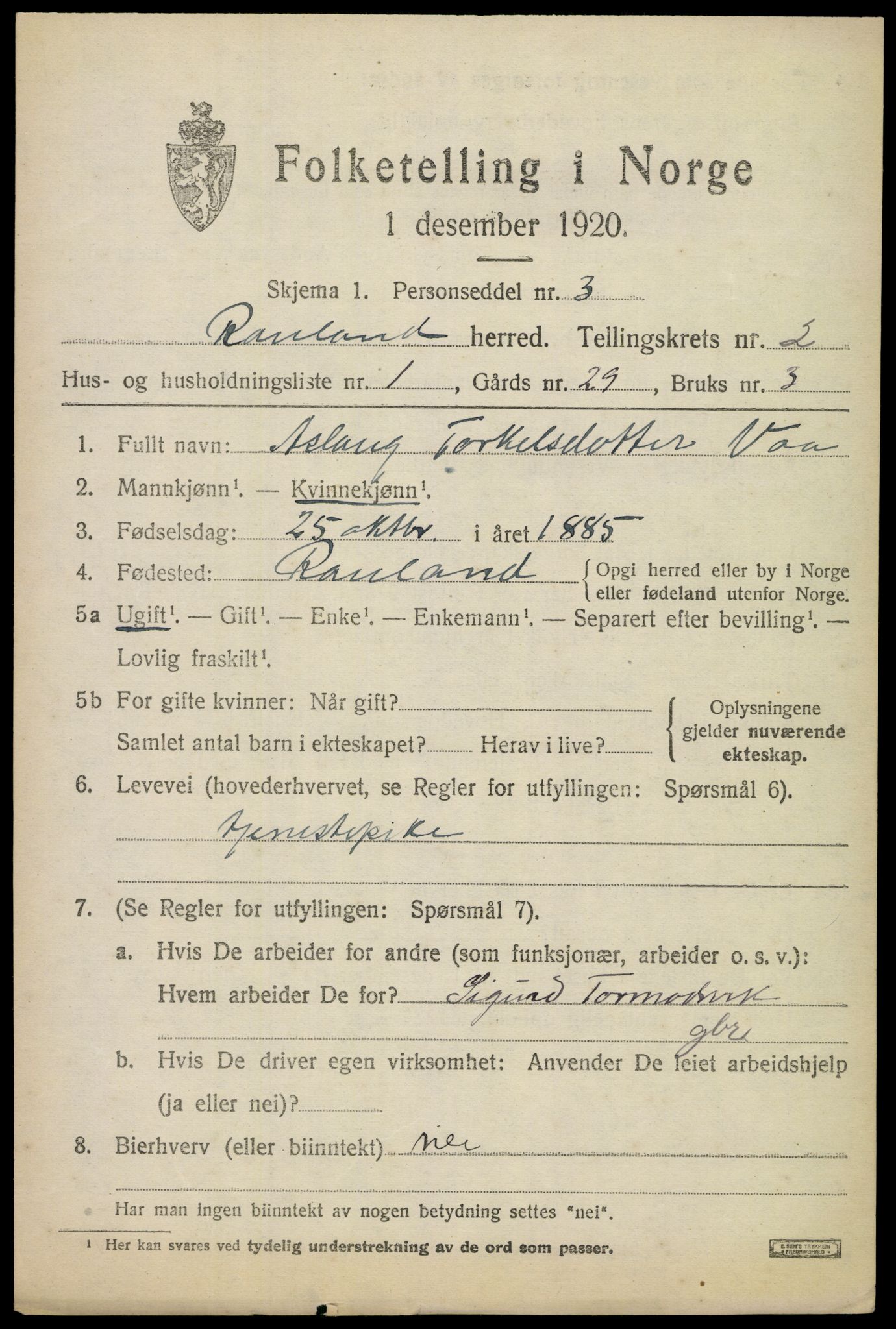 SAKO, 1920 census for Rauland, 1920, p. 618