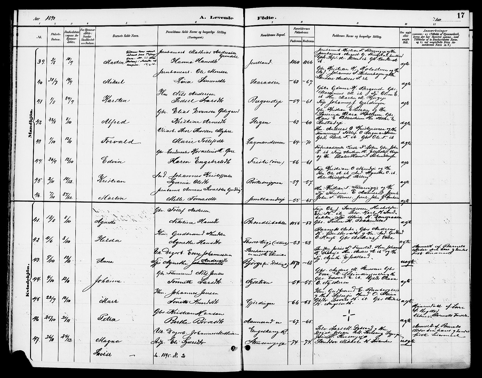 Ringsaker prestekontor, AV/SAH-PREST-014/L/La/L0014: Parish register (copy) no. 14, 1891-1904, p. 17