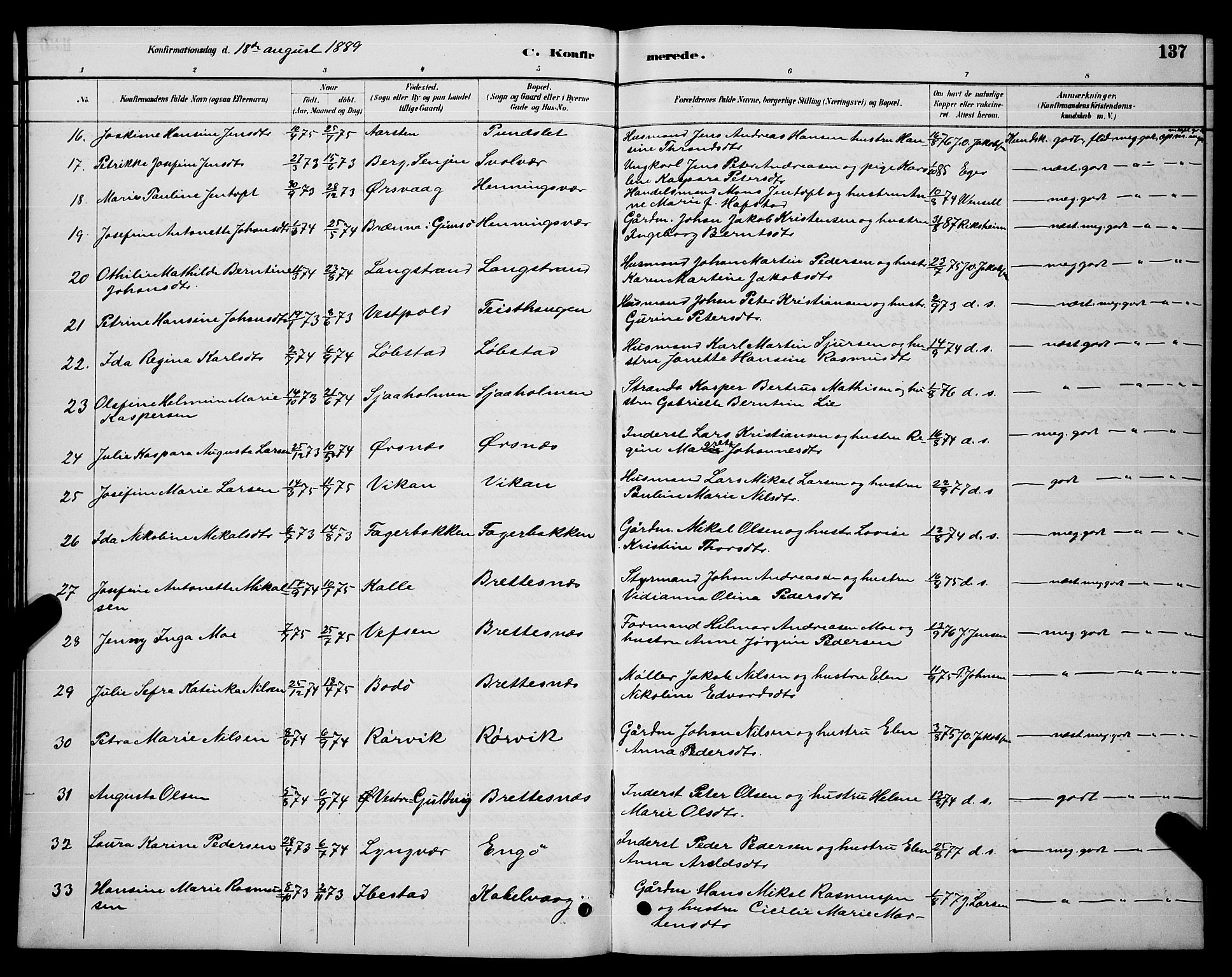 Ministerialprotokoller, klokkerbøker og fødselsregistre - Nordland, AV/SAT-A-1459/874/L1076: Parish register (copy) no. 874C05, 1884-1890, p. 137