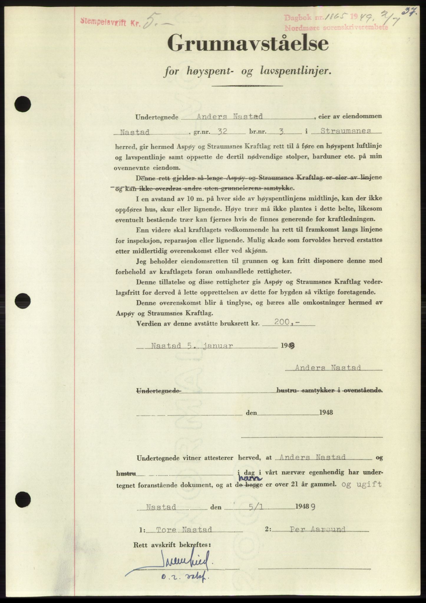 Nordmøre sorenskriveri, AV/SAT-A-4132/1/2/2Ca: Mortgage book no. B102, 1949-1949, Diary no: : 1865/1949