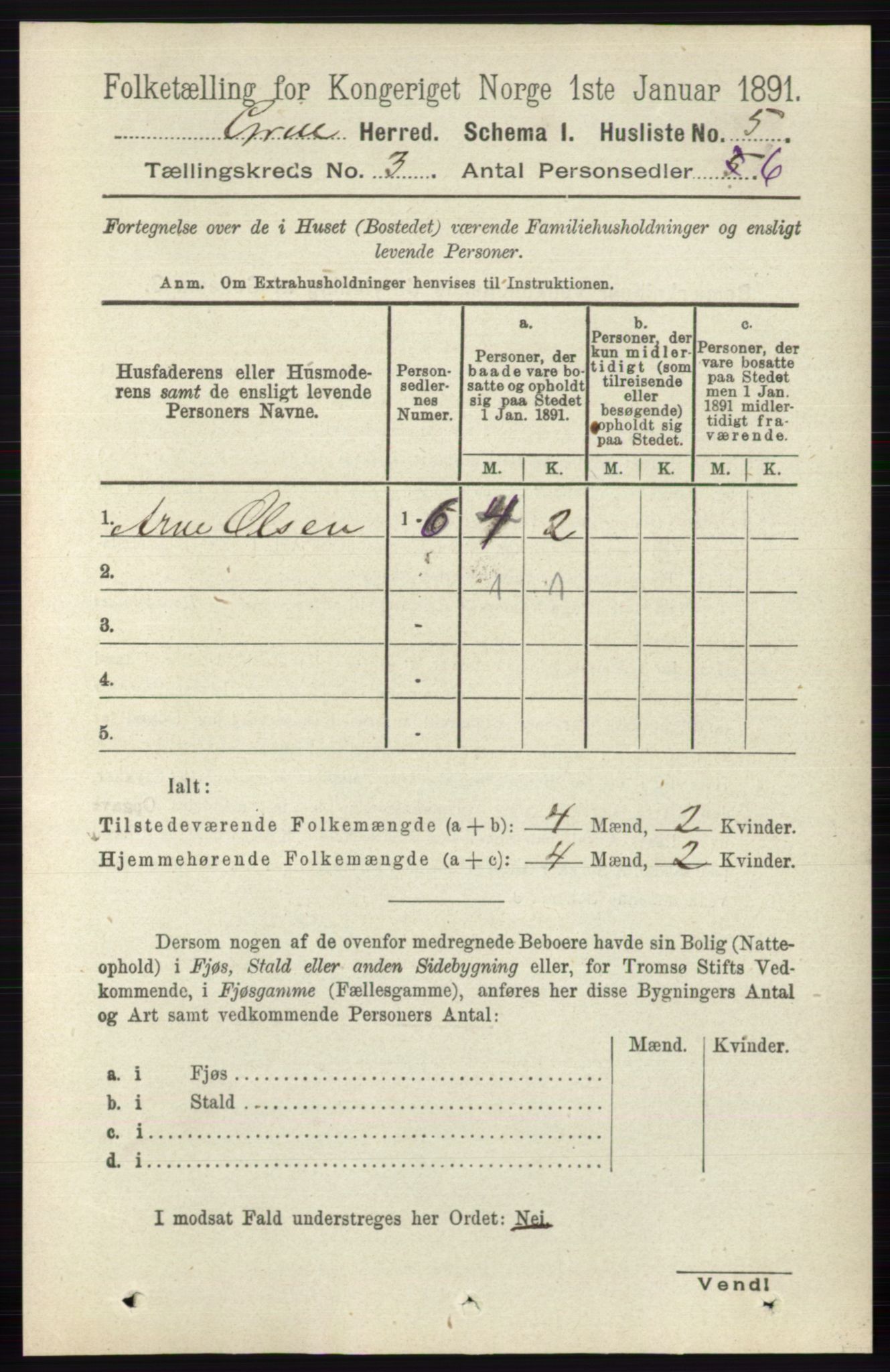 RA, 1891 census for 0423 Grue, 1891, p. 1458