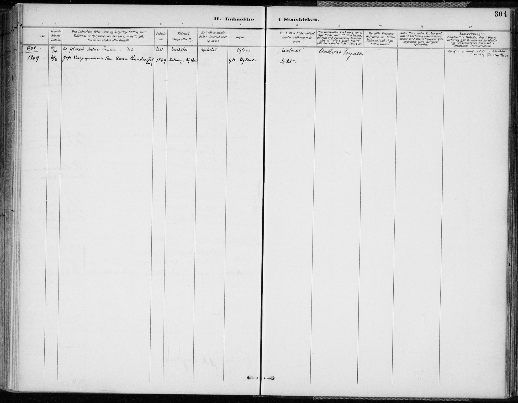 Oddernes sokneprestkontor, AV/SAK-1111-0033/F/Fa/Faa/L0010: Parish register (official) no. A 10, 1897-1911, p. 304