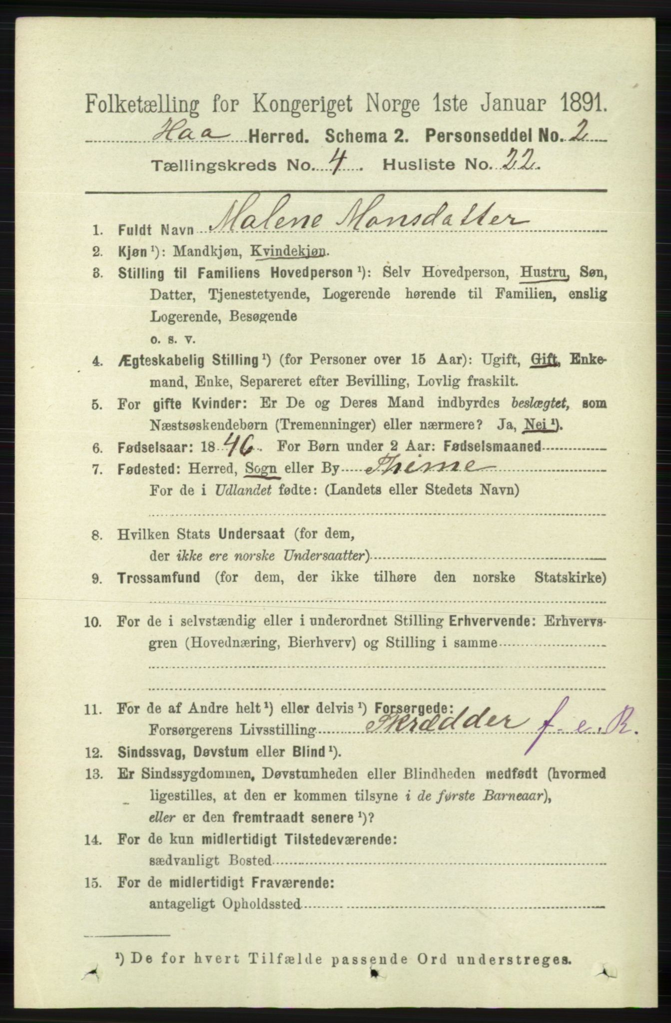 RA, 1891 census for 1119 Hå, 1891, p. 1171