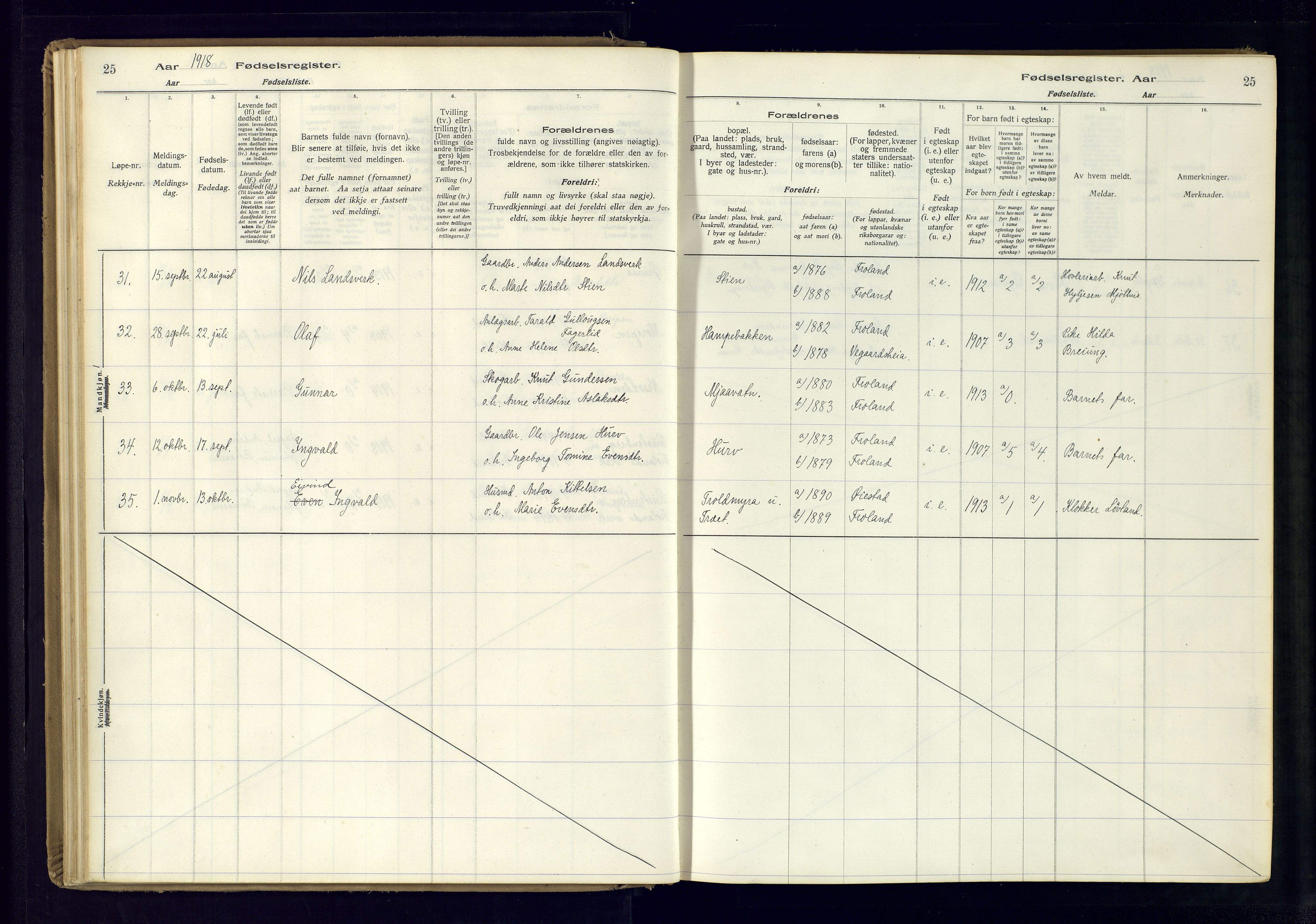 Froland sokneprestkontor, AV/SAK-1111-0013/J/Ja/L0001: Birth register no. 1, 1916-1950, p. 25