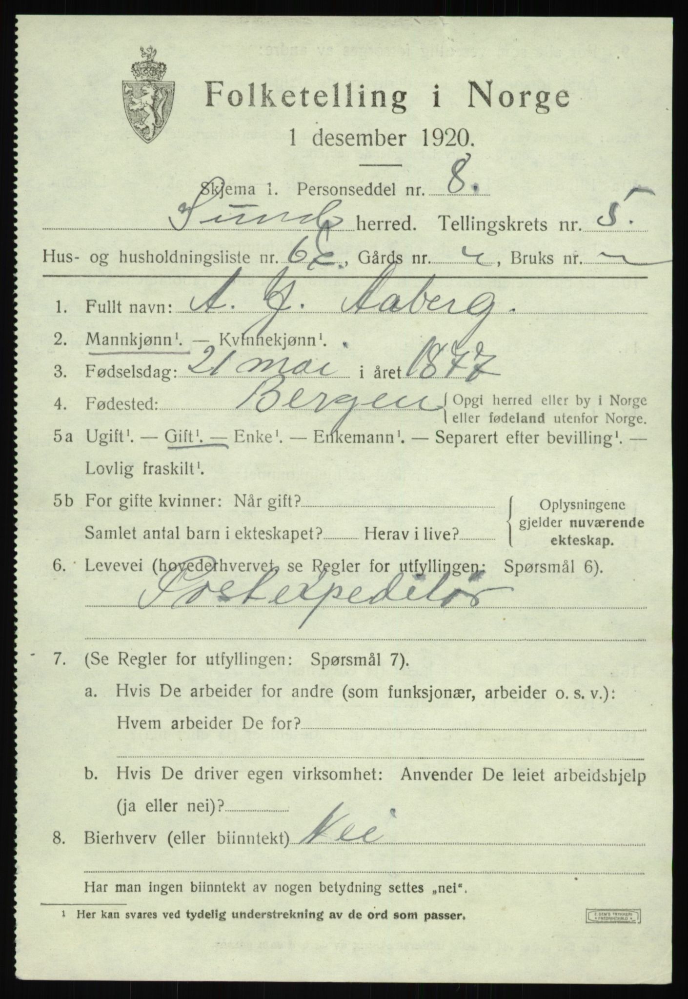 SAB, 1920 census for Sund, 1920, p. 3873