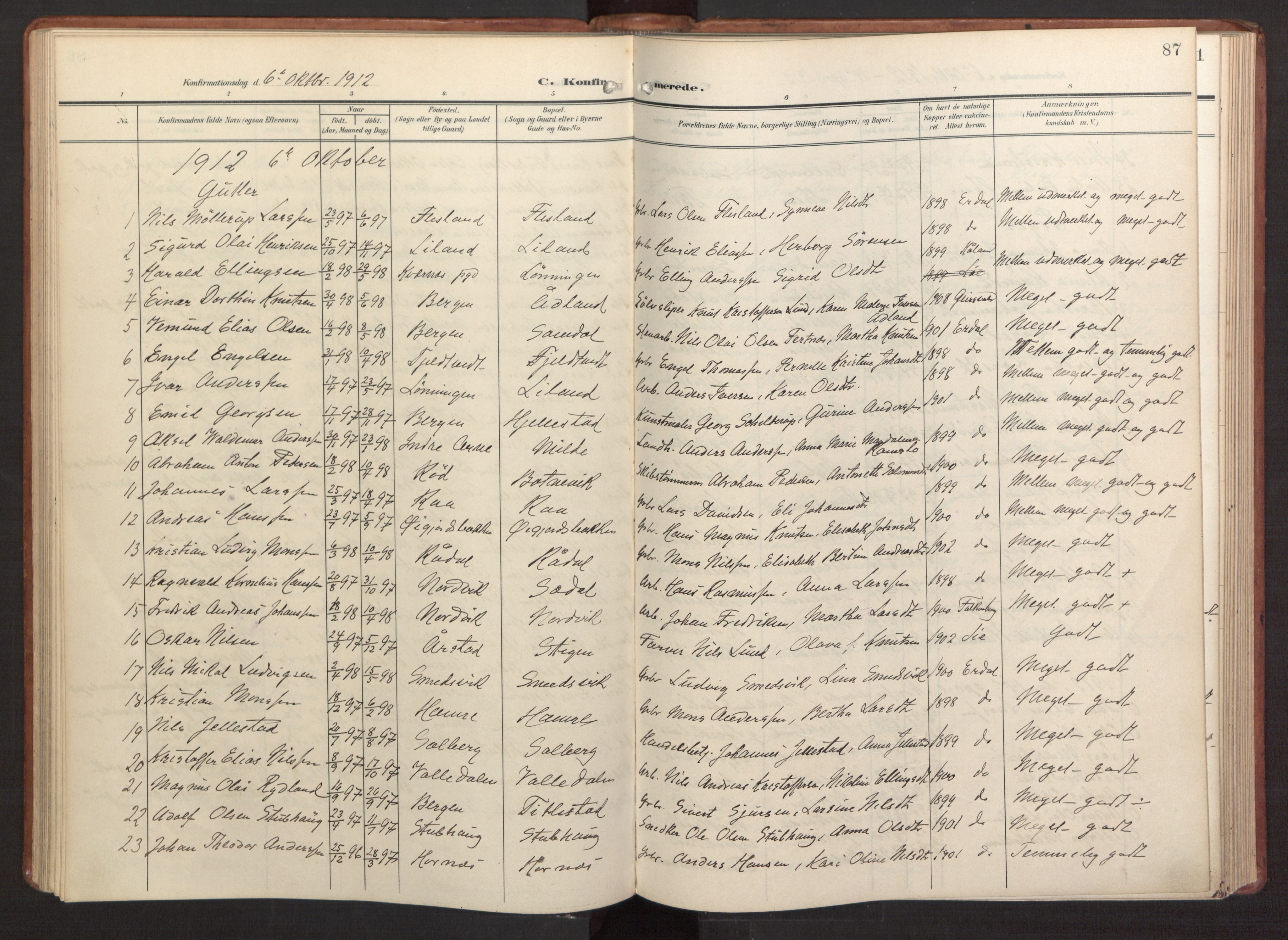 Fana Sokneprestembete, AV/SAB-A-75101/H/Haa/Haab/L0004: Parish register (official) no. B 4, 1908-1915, p. 87