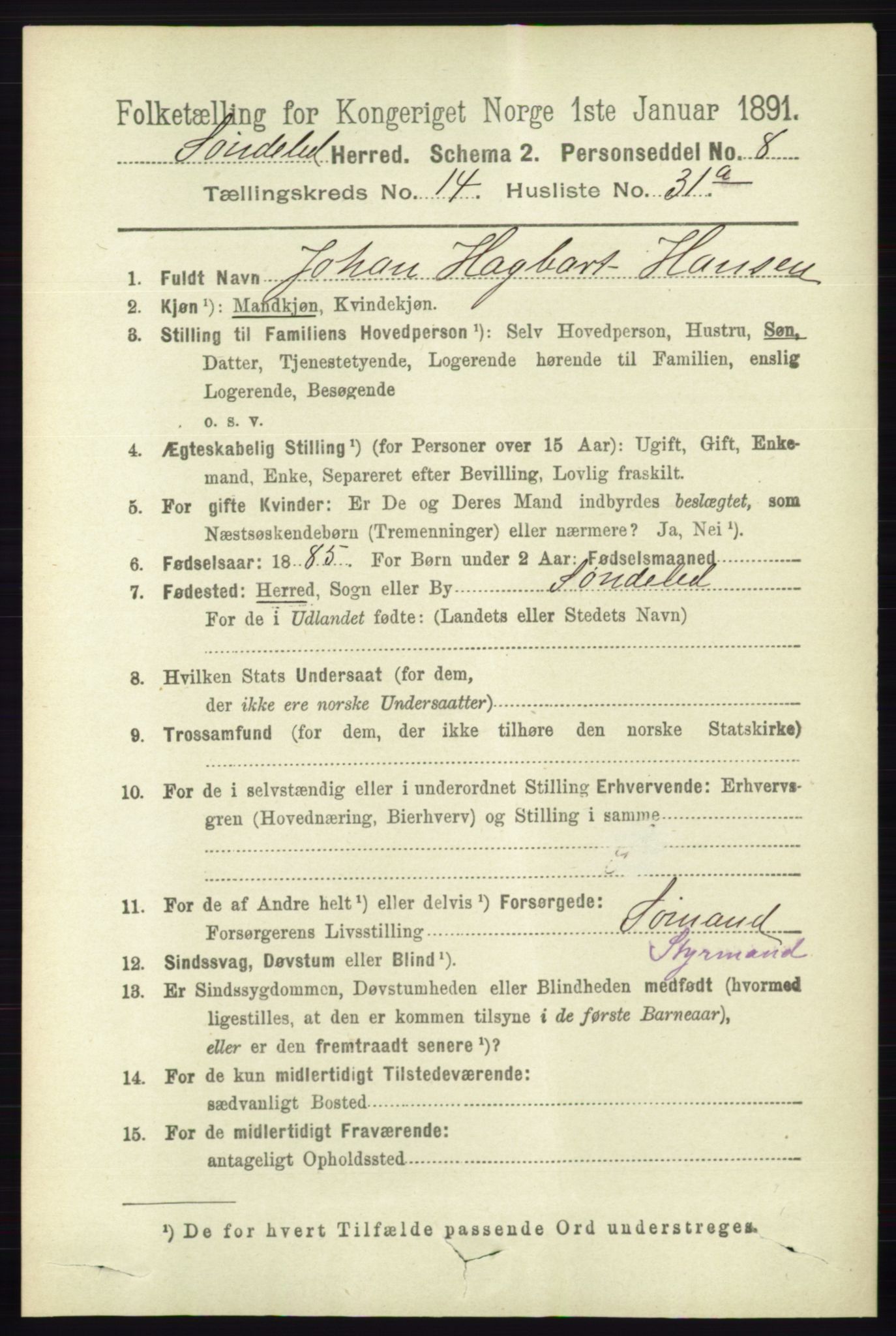 RA, 1891 census for 0913 Søndeled, 1891, p. 4299