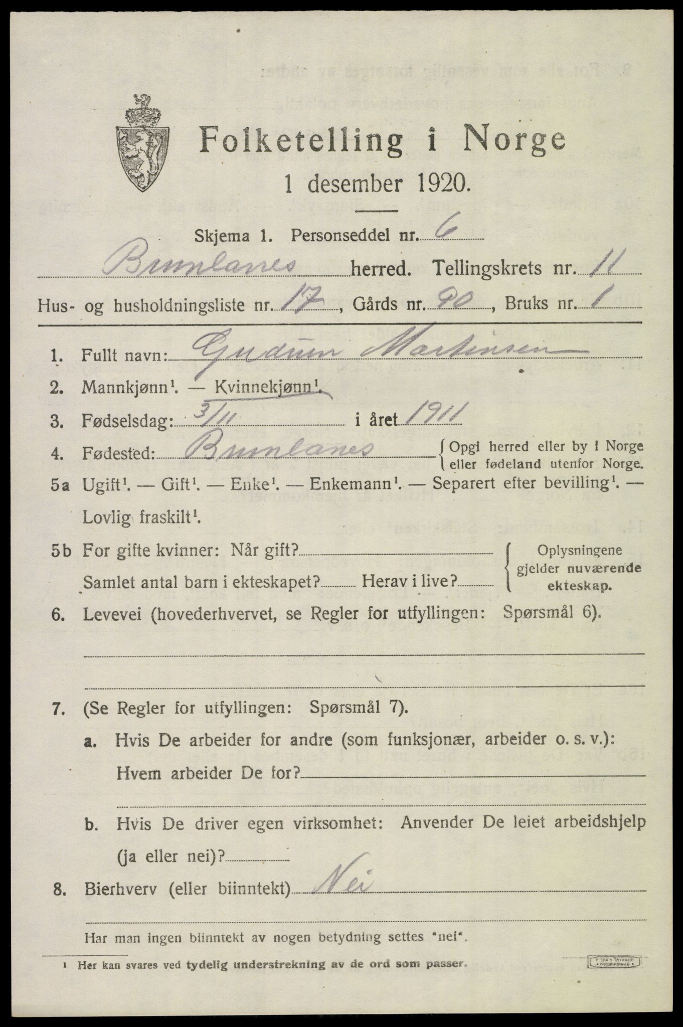 SAKO, 1920 census for Brunlanes, 1920, p. 9727
