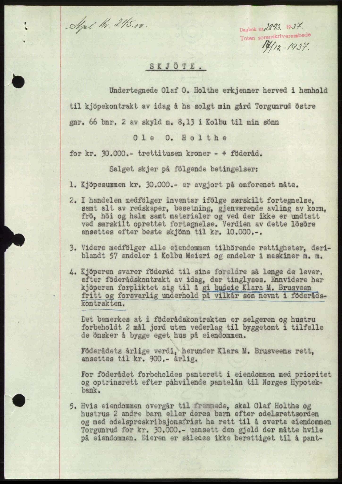 Toten tingrett, SAH/TING-006/H/Hb/Hbc/L0003: Mortgage book no. Hbc-03, 1937-1938, Diary no: : 2893/1937