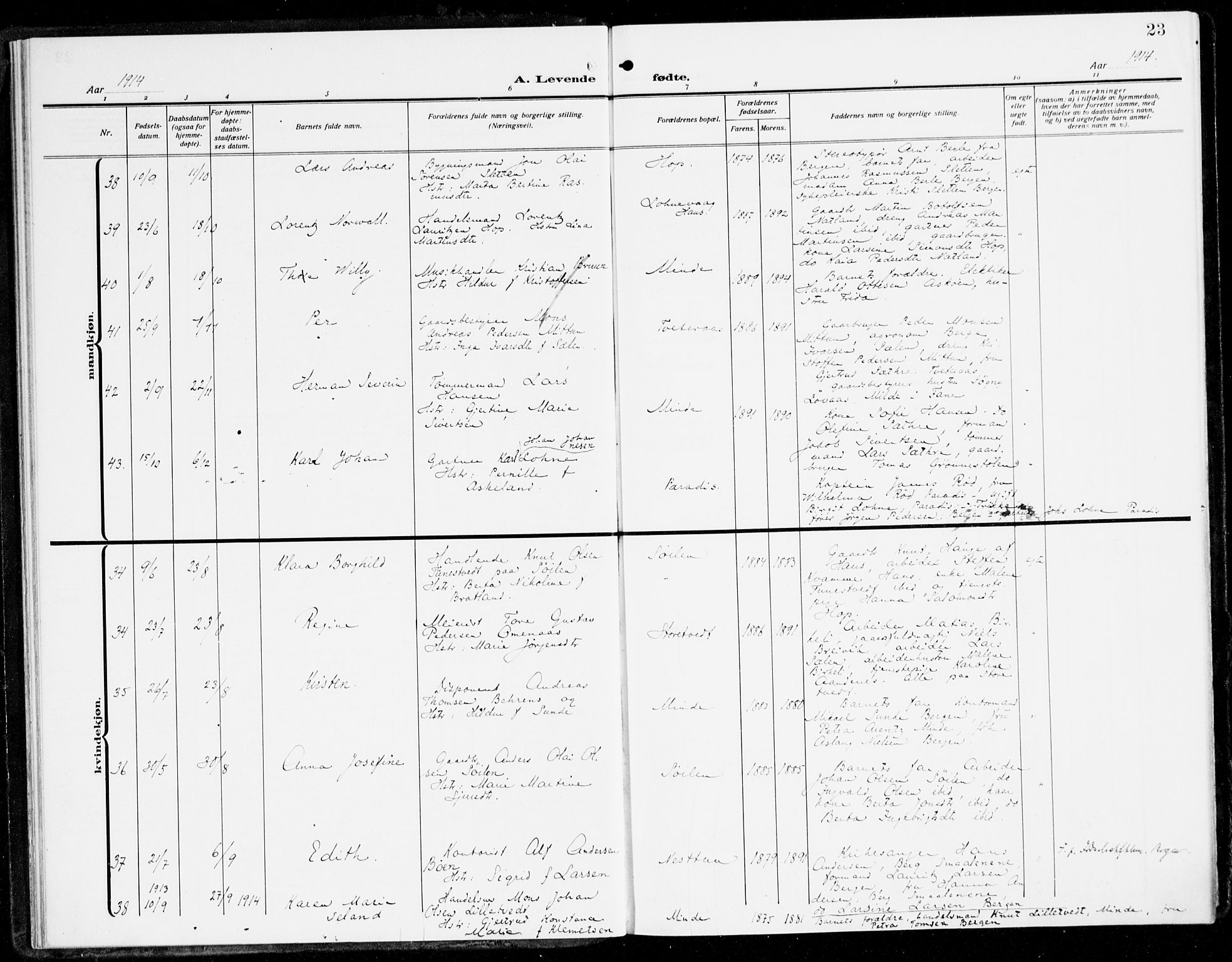 Fana Sokneprestembete, AV/SAB-A-75101/H/Haa/Haai/L0004: Parish register (official) no. I 4, 1912-1933, p. 23