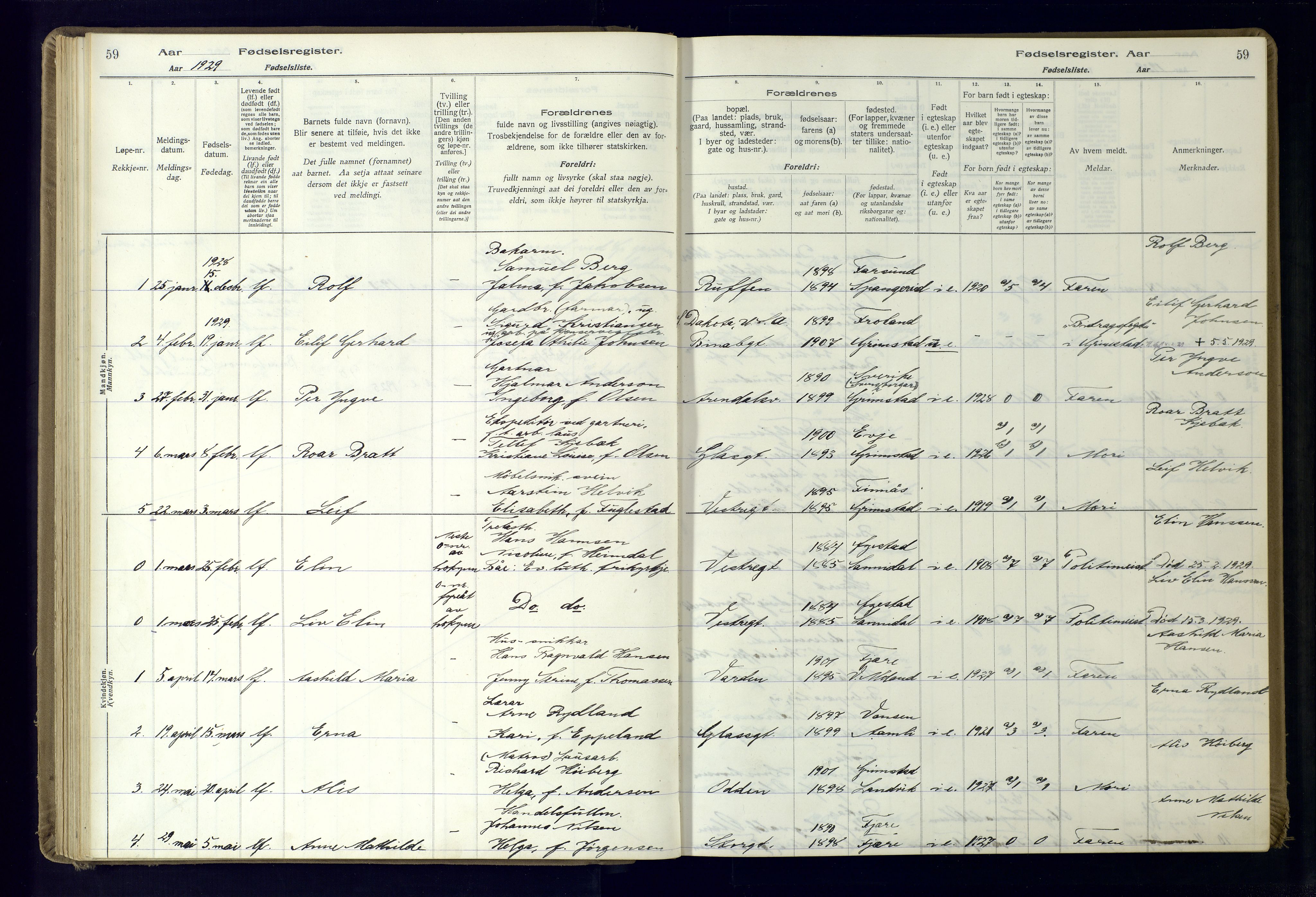 Grimstad sokneprestkontor, AV/SAK-1111-0017/J/Ja/L0001: Birth register no. 1, 1916-1960, p. 59