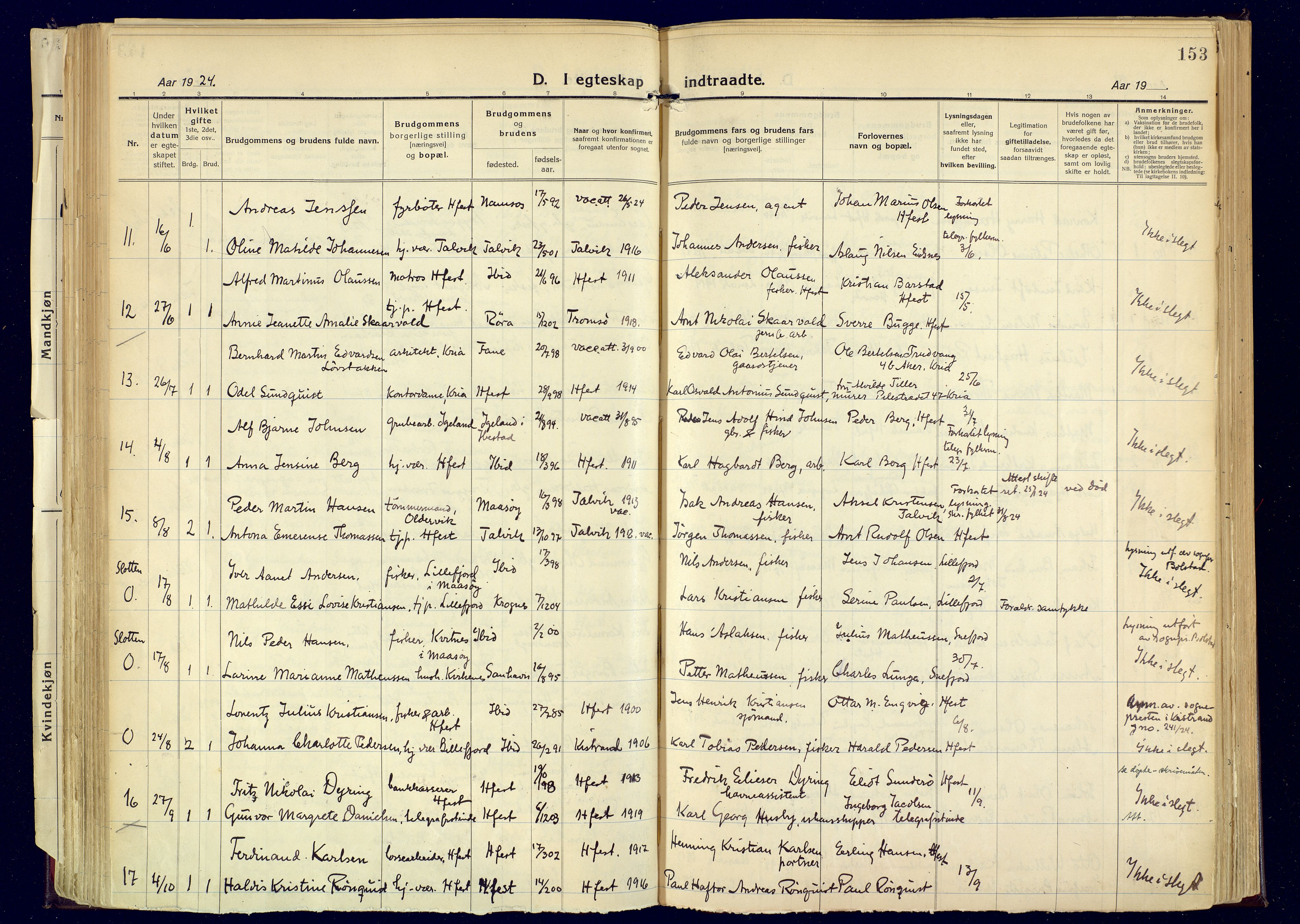 Hammerfest sokneprestkontor, AV/SATØ-S-1347/H/Ha/L0017.kirke: Parish register (official) no. 17, 1923-1933, p. 153