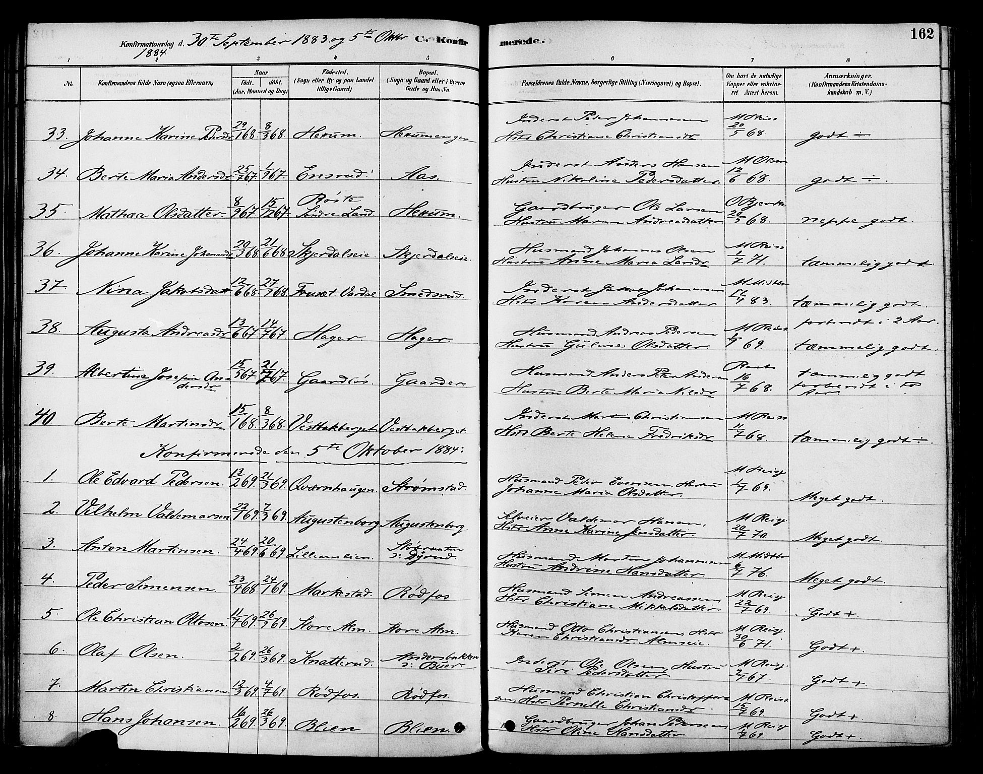 Vestre Toten prestekontor, SAH/PREST-108/H/Ha/Haa/L0009: Parish register (official) no. 9, 1878-1894, p. 162