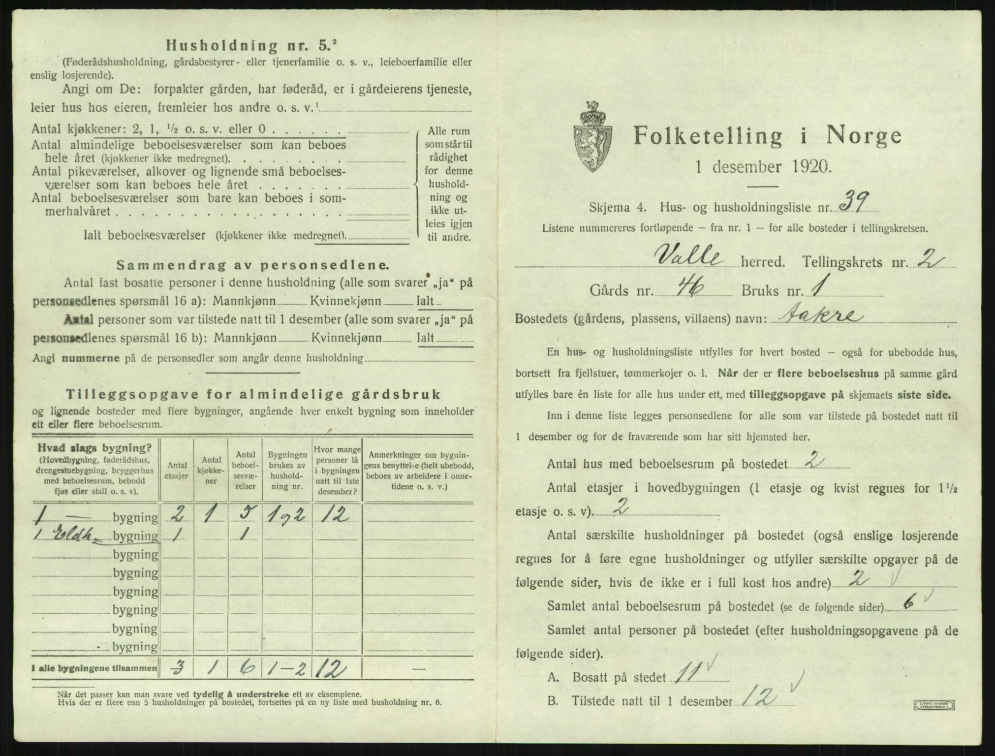 SAK, 1920 census for Valle, 1920, p. 193