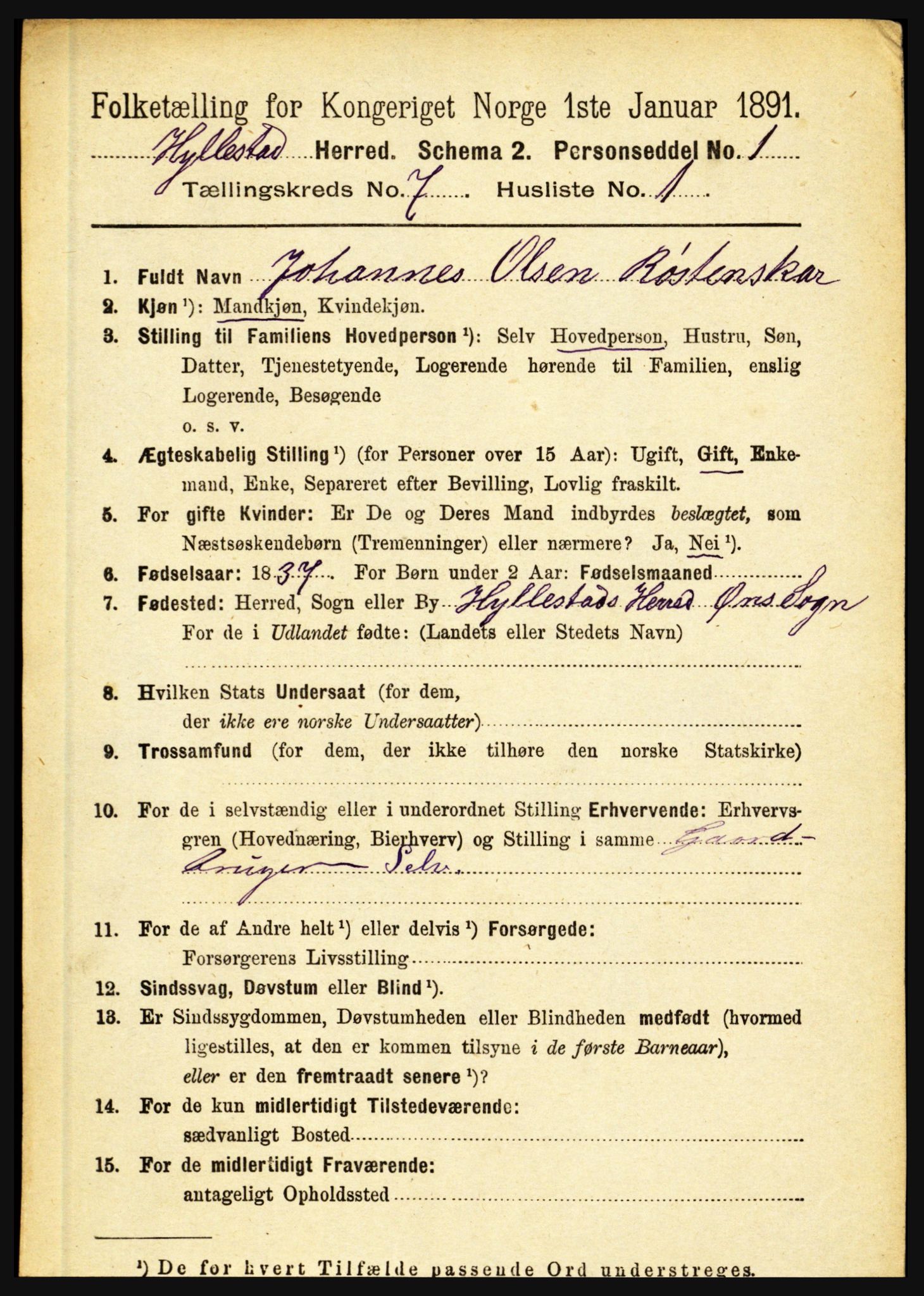 RA, 1891 census for 1413 Hyllestad, 1891, p. 1182