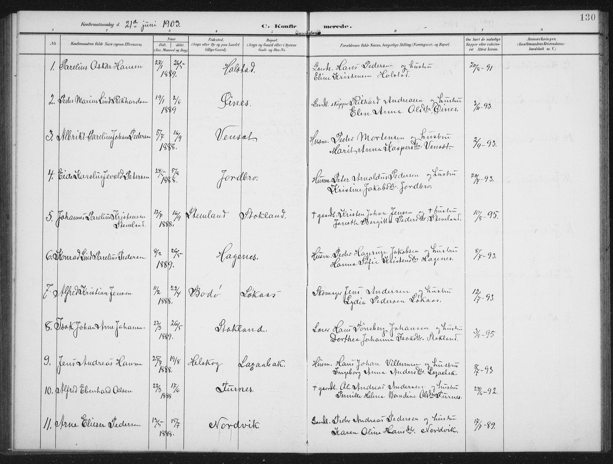 Ministerialprotokoller, klokkerbøker og fødselsregistre - Nordland, AV/SAT-A-1459/851/L0726: Parish register (copy) no. 851C01, 1902-1924, p. 130