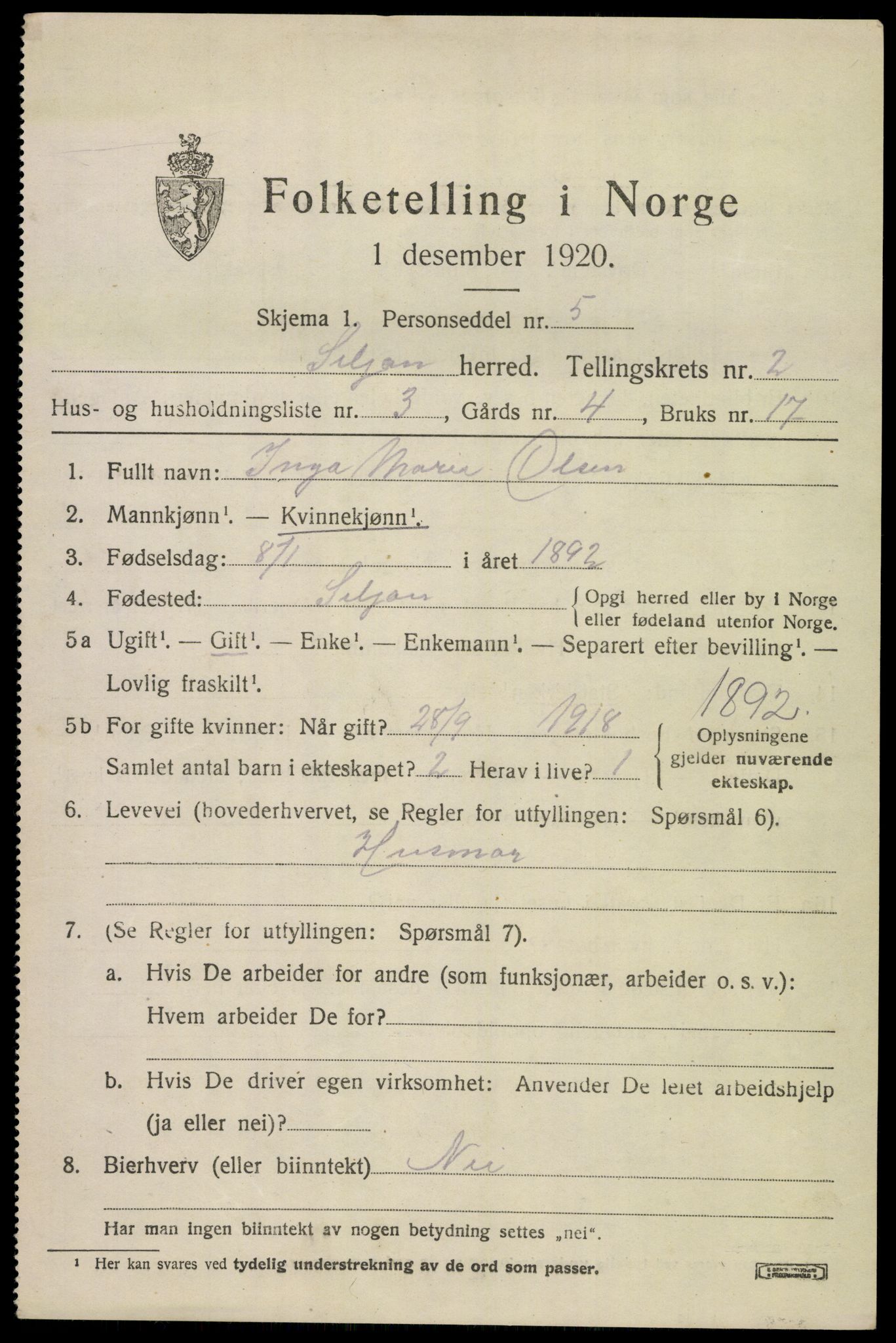 SAKO, 1920 census for Siljan, 1920, p. 965
