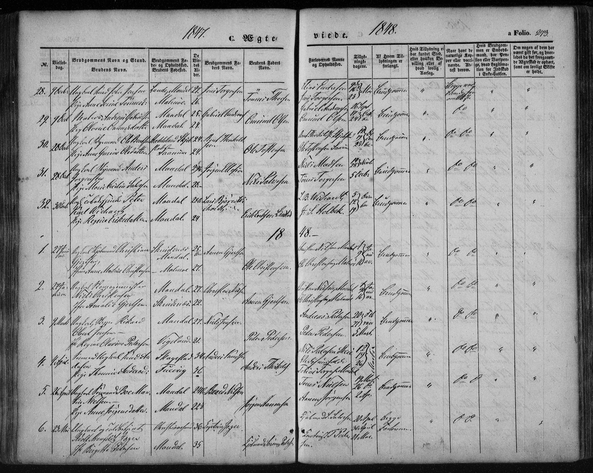 Mandal sokneprestkontor, SAK/1111-0030/F/Fa/Faa/L0013: Parish register (official) no. A 13, 1847-1859, p. 273