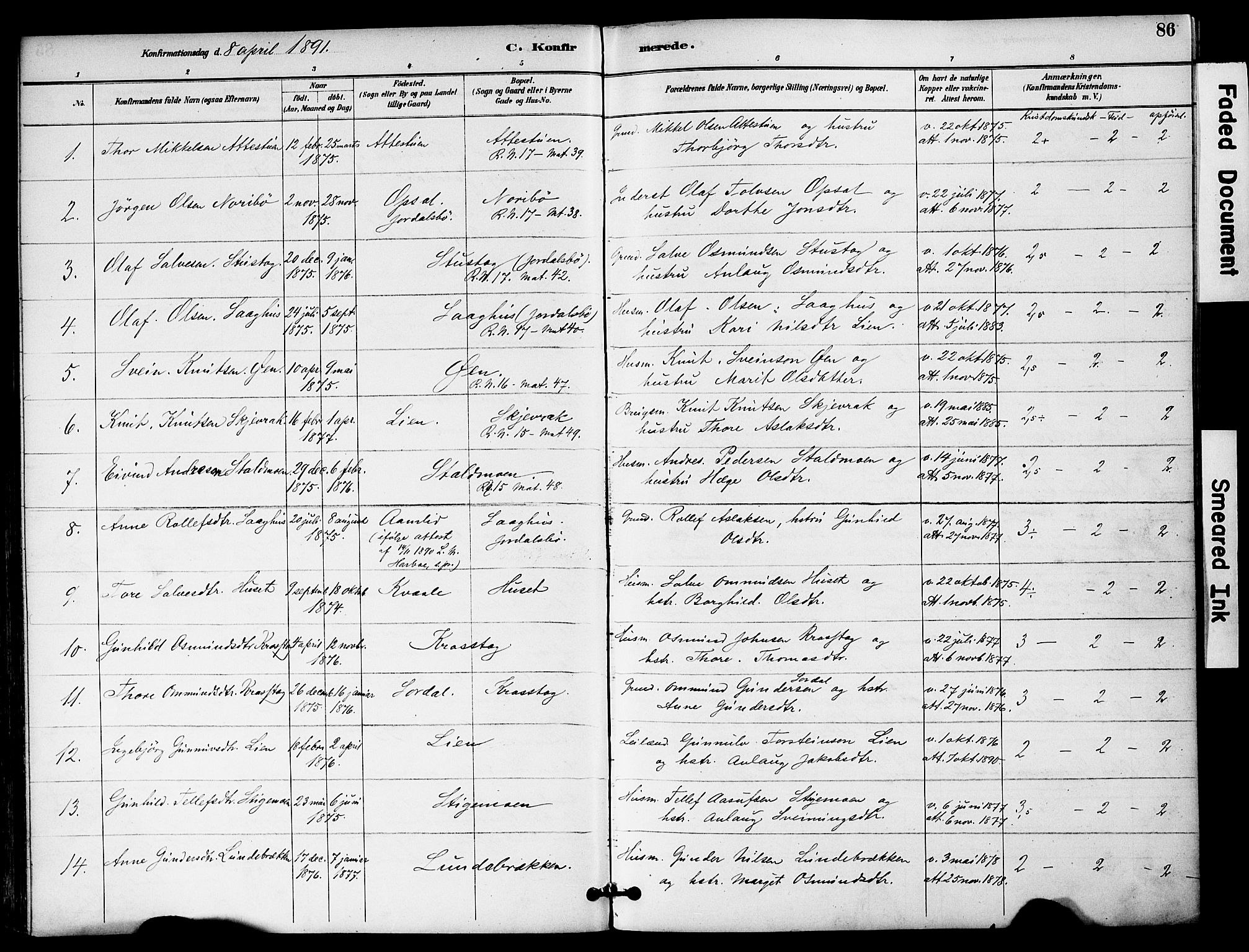 Bygland sokneprestkontor, SAK/1111-0006/F/Fa/Fab/L0007: Parish register (official) no. A 7, 1885-1909, p. 86