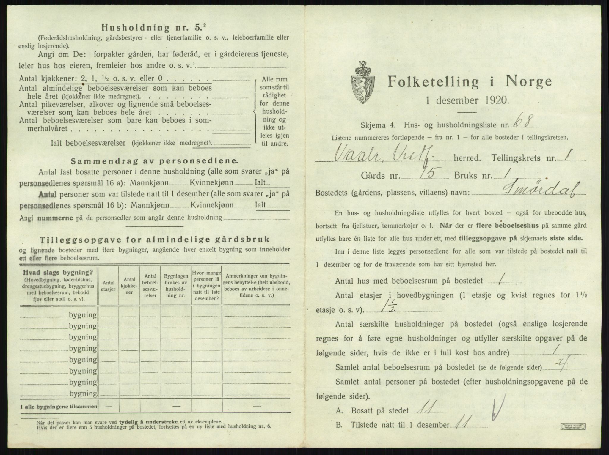 SAKO, 1920 census for Våle, 1920, p. 181