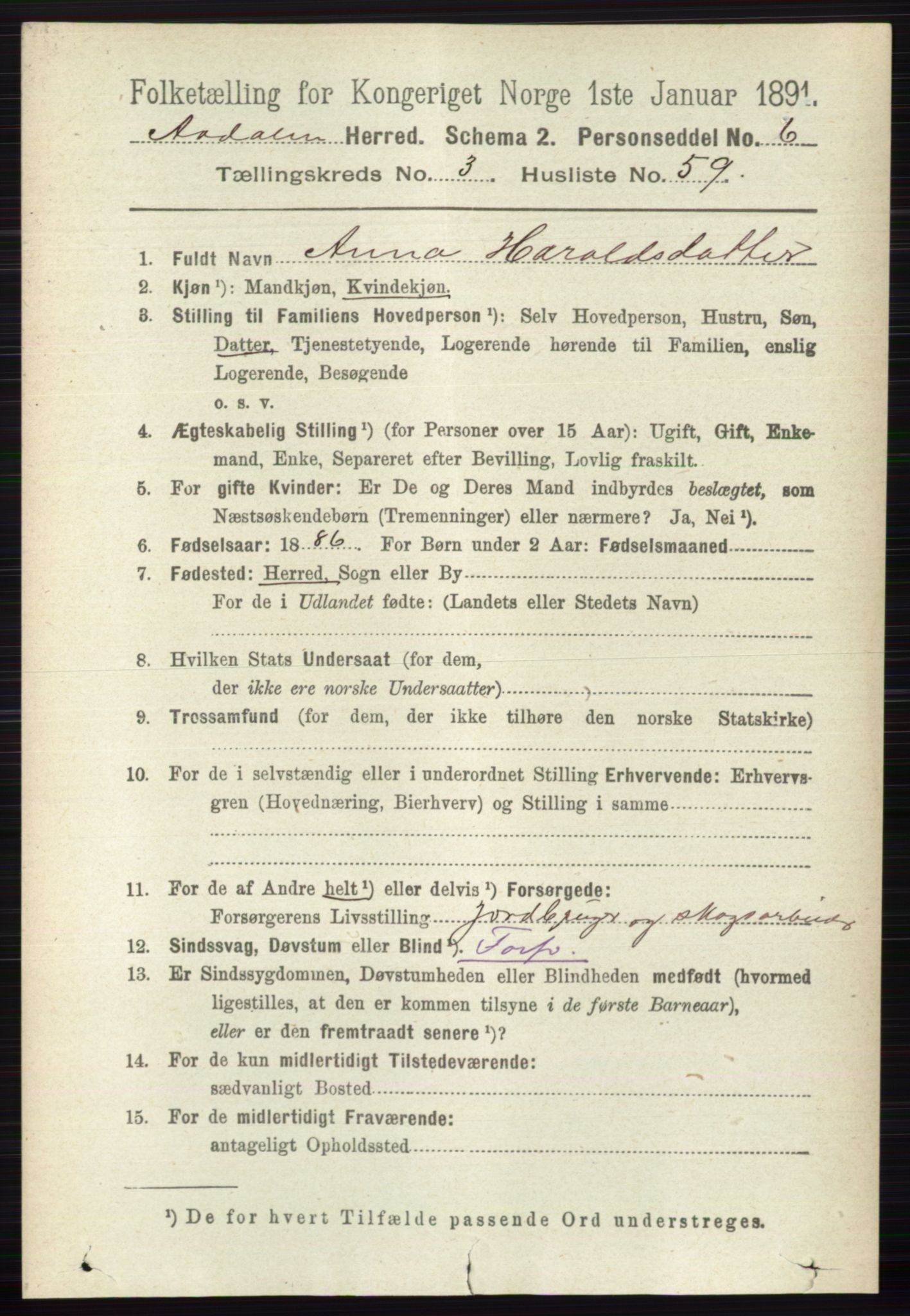 RA, 1891 census for 0614 Ådal, 1891, p. 1442