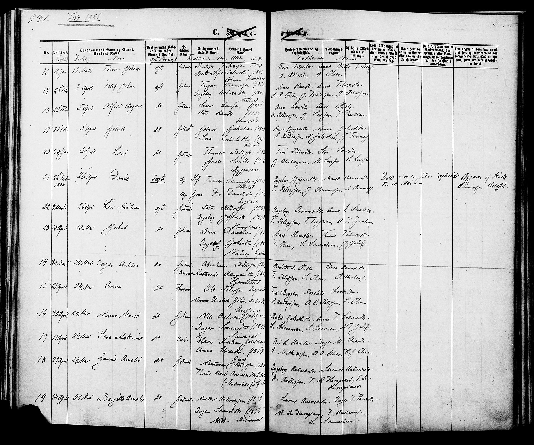 Kvinesdal sokneprestkontor, SAK/1111-0026/F/Fa/Fab/L0007: Parish register (official) no. A 7, 1870-1885, p. 231