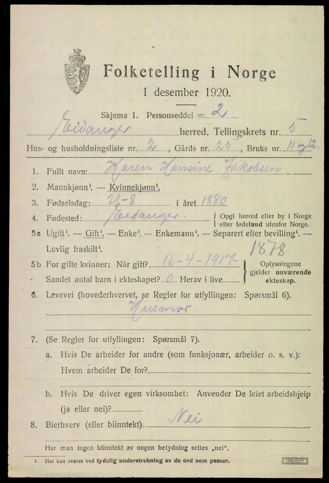 SAKO, 1920 census for Eidanger, 1920, p. 5030