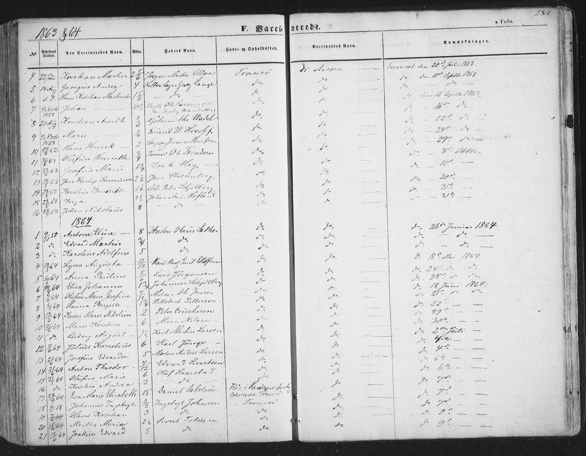 Tromsø sokneprestkontor/stiftsprosti/domprosti, SATØ/S-1343/G/Ga/L0011kirke: Parish register (official) no. 11, 1856-1865, p. 284