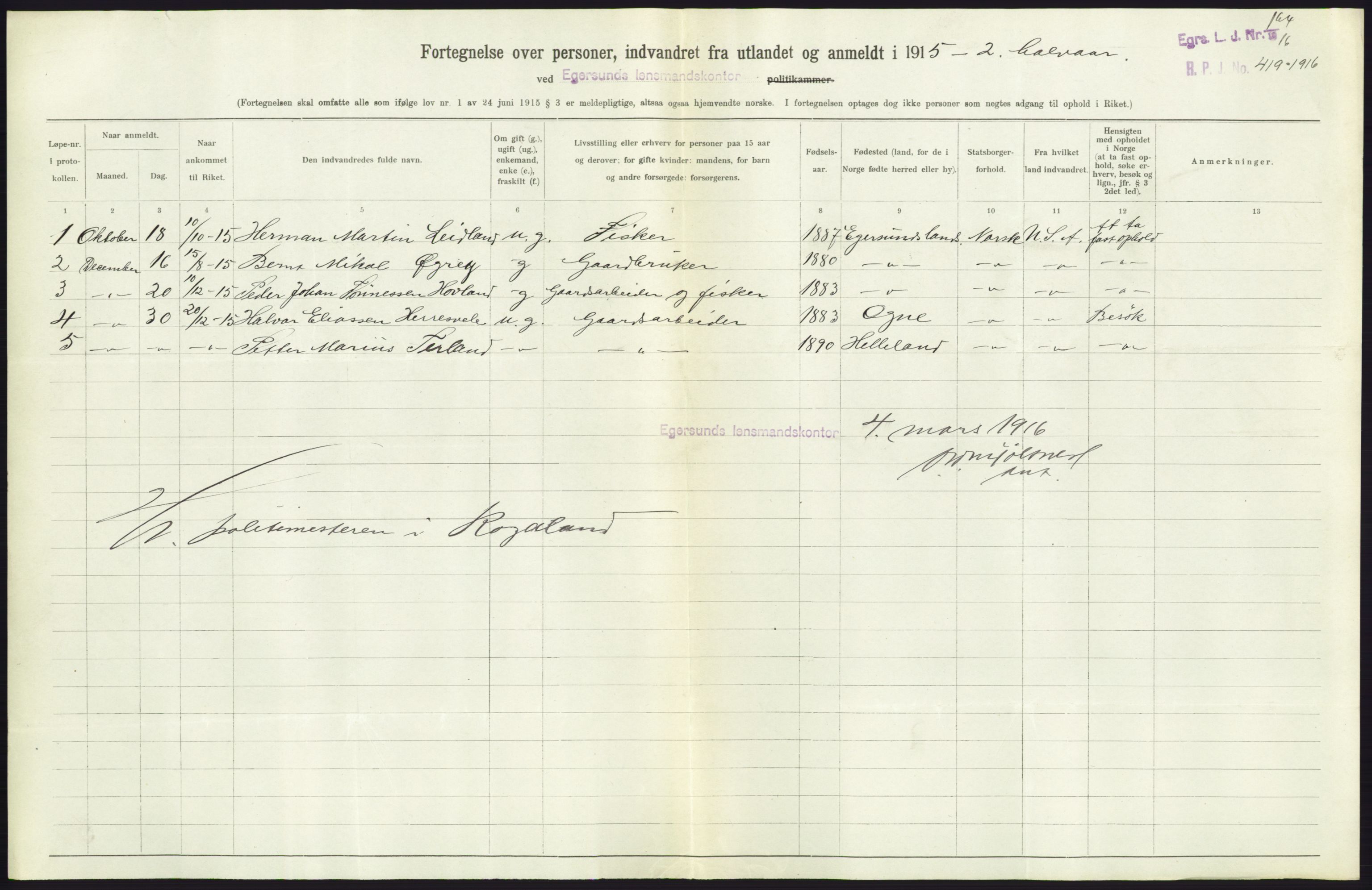 Statistisk sentralbyrå, Sosioøkonomiske emner, Folketellinger, boliger og boforhold, AV/RA-S-2231/F/Fa/L0001: Innvandring. Navn/fylkesvis, 1915, p. 378