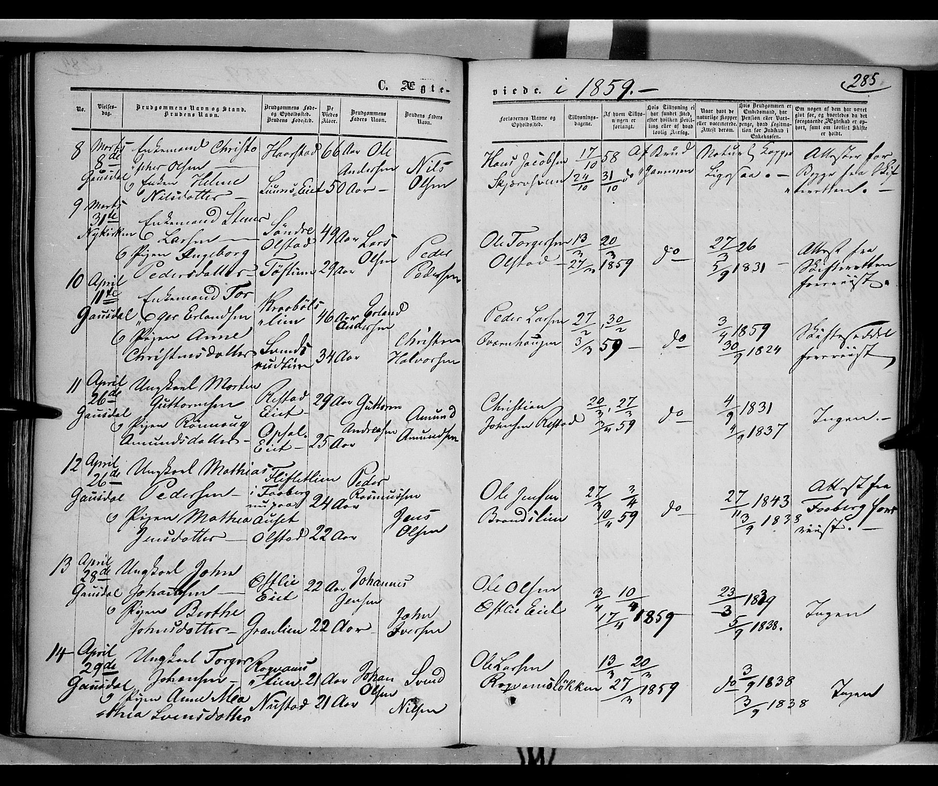 Gausdal prestekontor, SAH/PREST-090/H/Ha/Haa/L0008: Parish register (official) no. 8, 1850-1861, p. 285