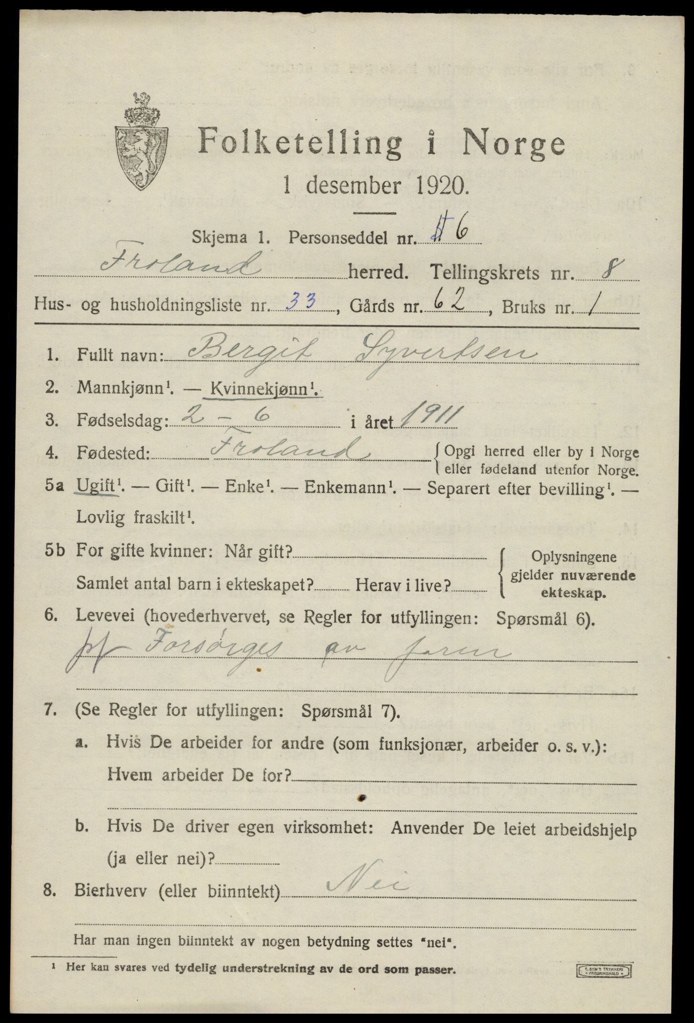 SAK, 1920 census for Froland, 1920, p. 4899