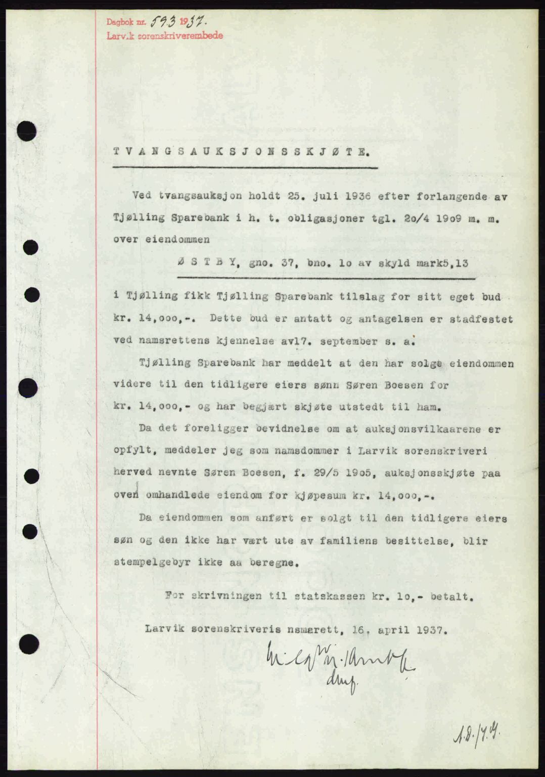 Larvik sorenskriveri, SAKO/A-83/G/Ga/Gab/L0067: Mortgage book no. A-1, 1936-1937, Diary no: : 593/1937