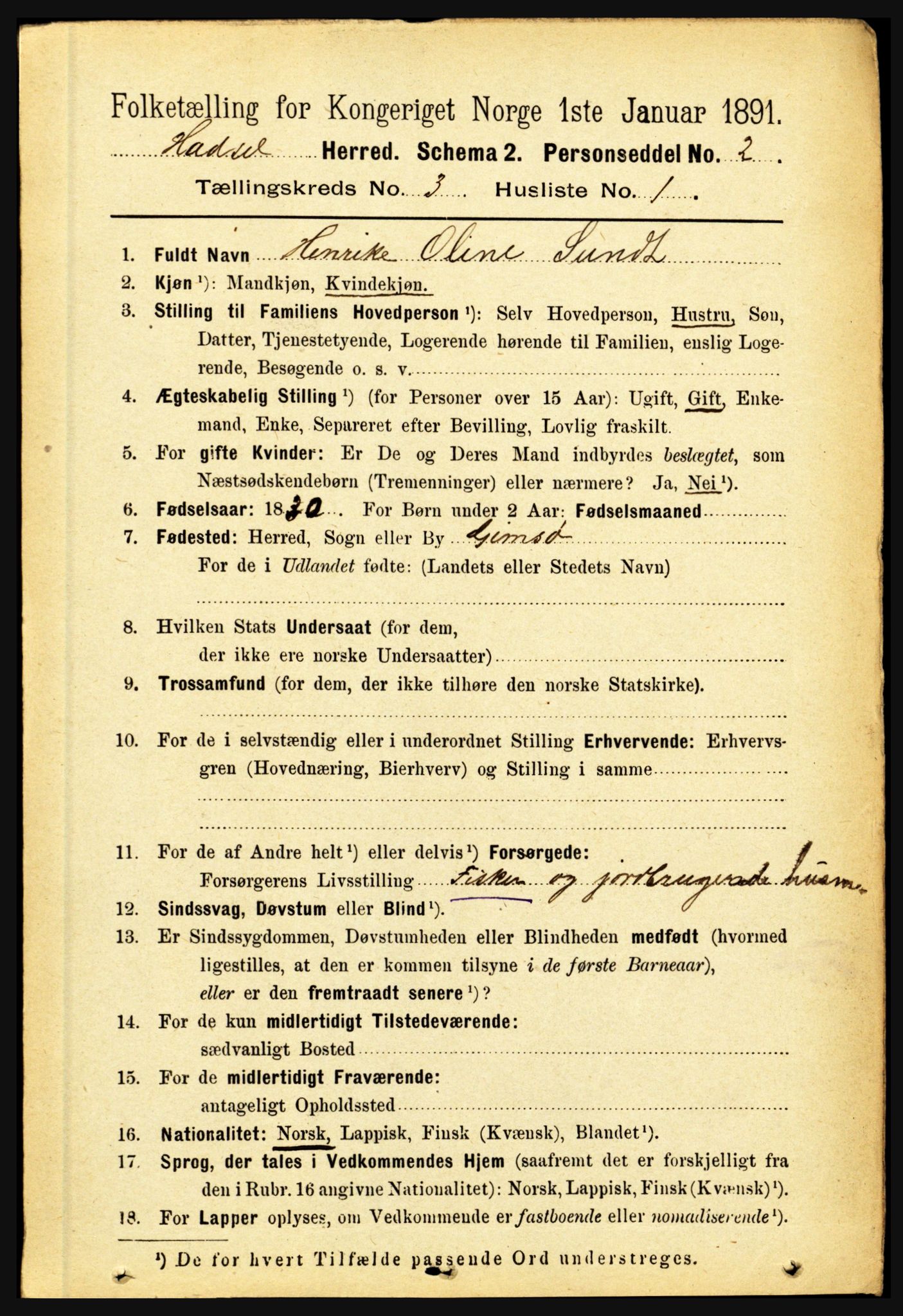 RA, 1891 census for 1866 Hadsel, 1891, p. 1083