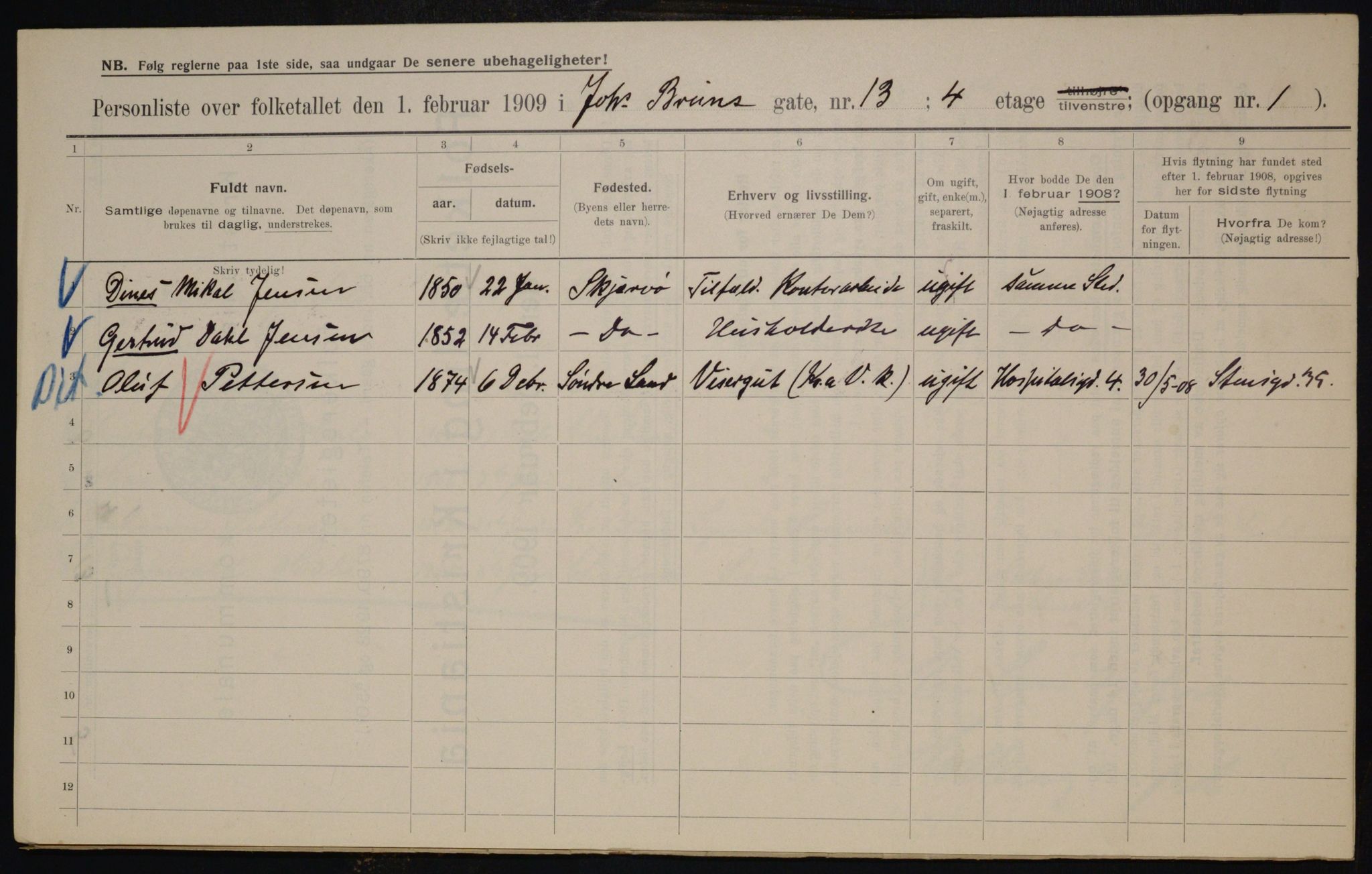 OBA, Municipal Census 1909 for Kristiania, 1909, p. 43047