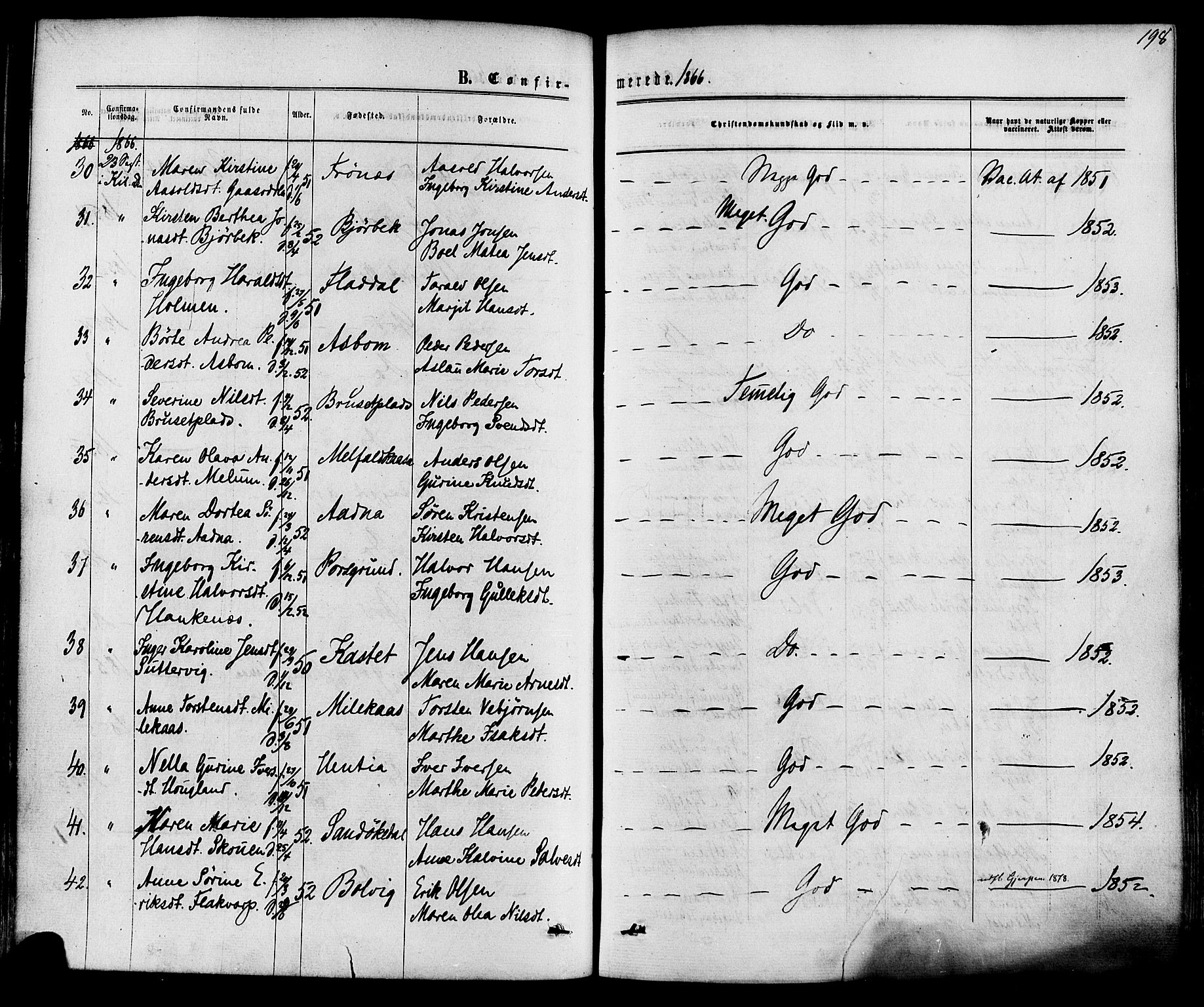 Solum kirkebøker, SAKO/A-306/F/Fa/L0008: Parish register (official) no. I 8, 1865-1876, p. 198