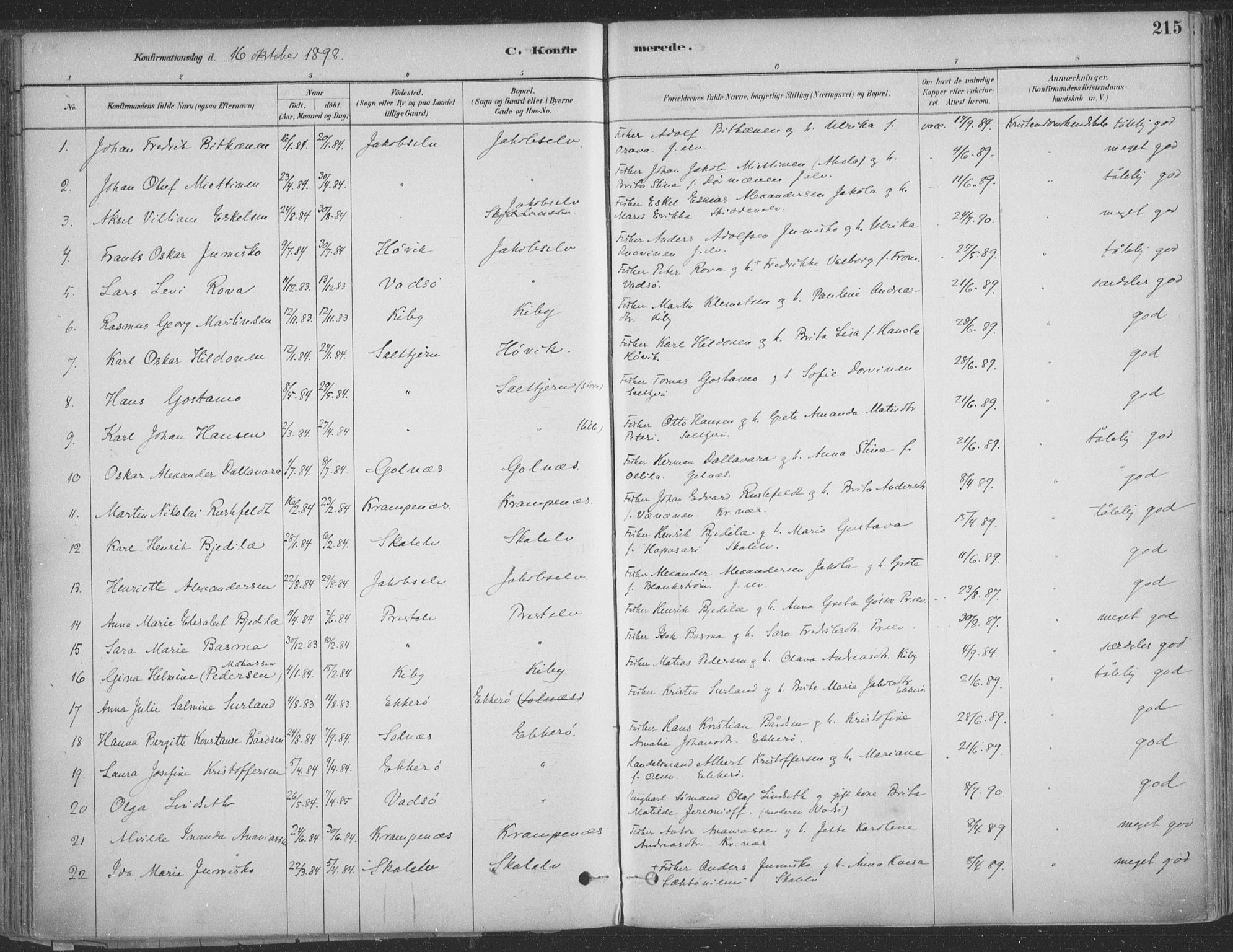 Vadsø sokneprestkontor, AV/SATØ-S-1325/H/Ha/L0009kirke: Parish register (official) no. 9, 1881-1917, p. 215
