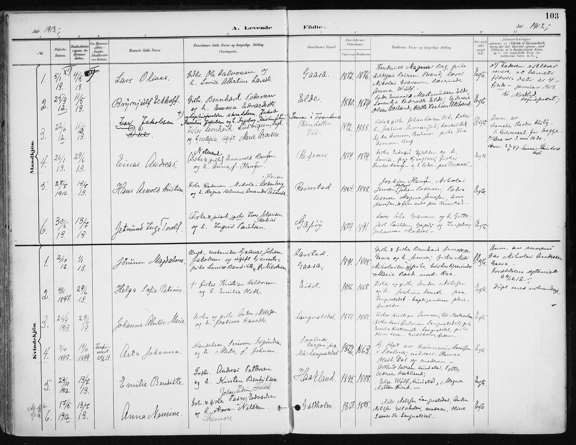 Kvæfjord sokneprestkontor, AV/SATØ-S-1323/G/Ga/Gaa/L0006kirke: Parish register (official) no. 6, 1895-1914, p. 103