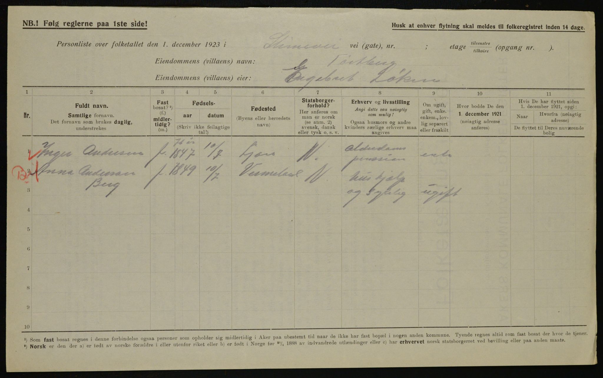 , Municipal Census 1923 for Aker, 1923, p. 45473