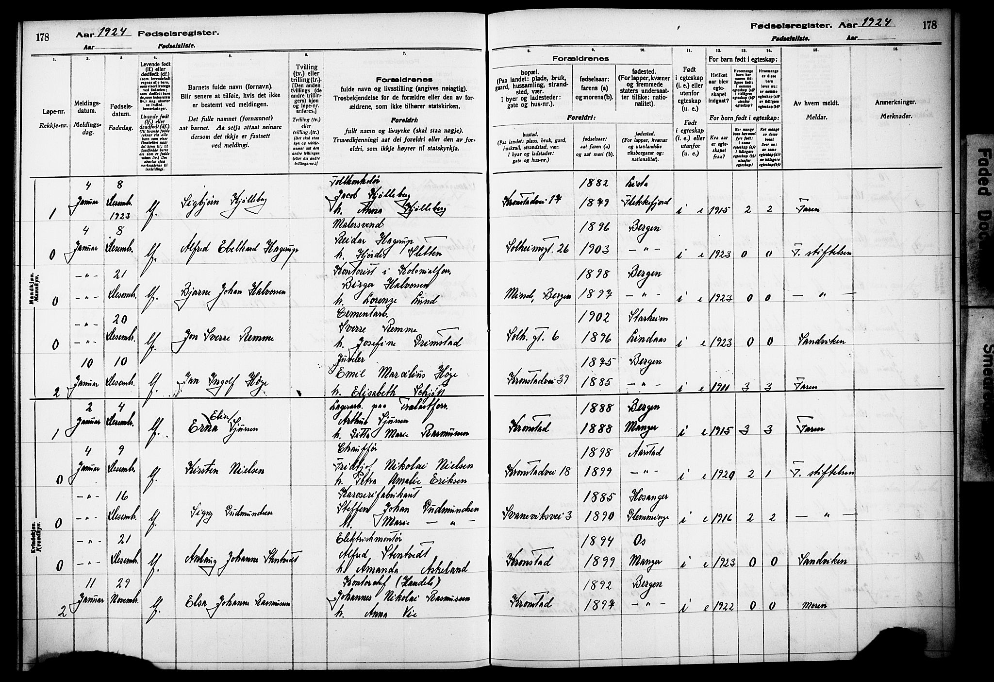 Årstad Sokneprestembete, AV/SAB-A-79301/I/Id/L0A02: Birth register no. A 2, 1920-1924, p. 178