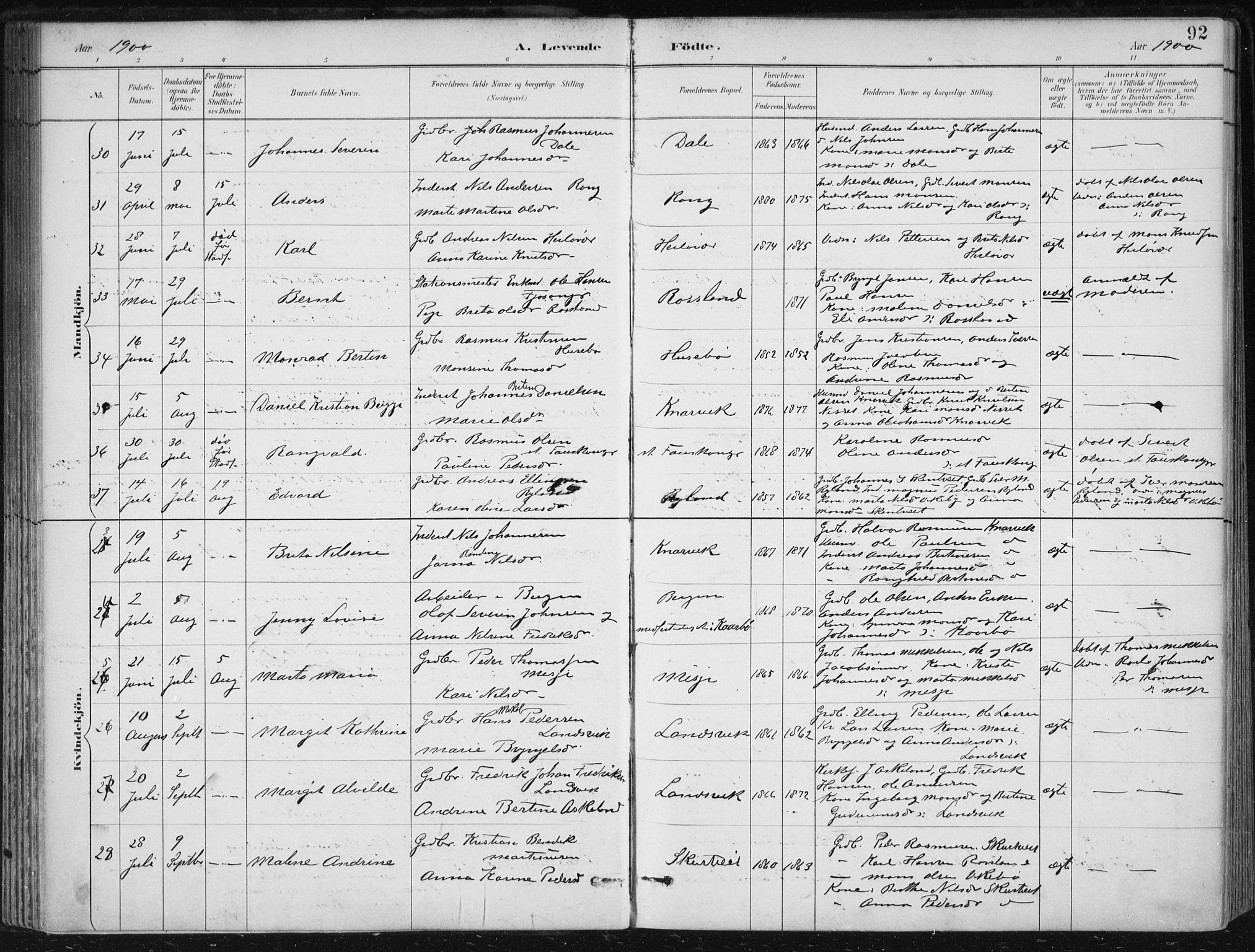 Herdla Sokneprestembete, AV/SAB-A-75701/H/Haa: Parish register (official) no. A 4, 1891-1905, p. 92