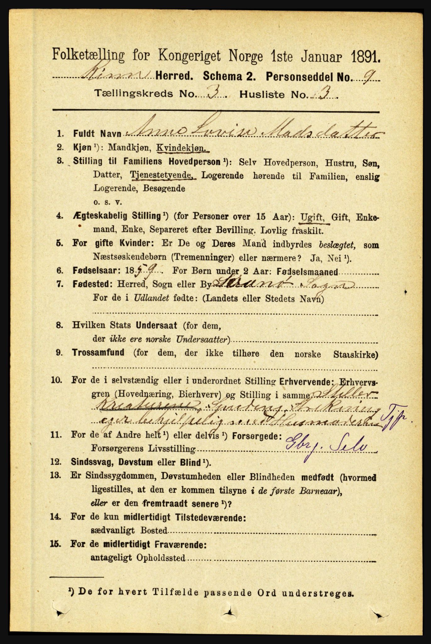RA, 1891 census for 1437 Kinn, 1891, p. 964