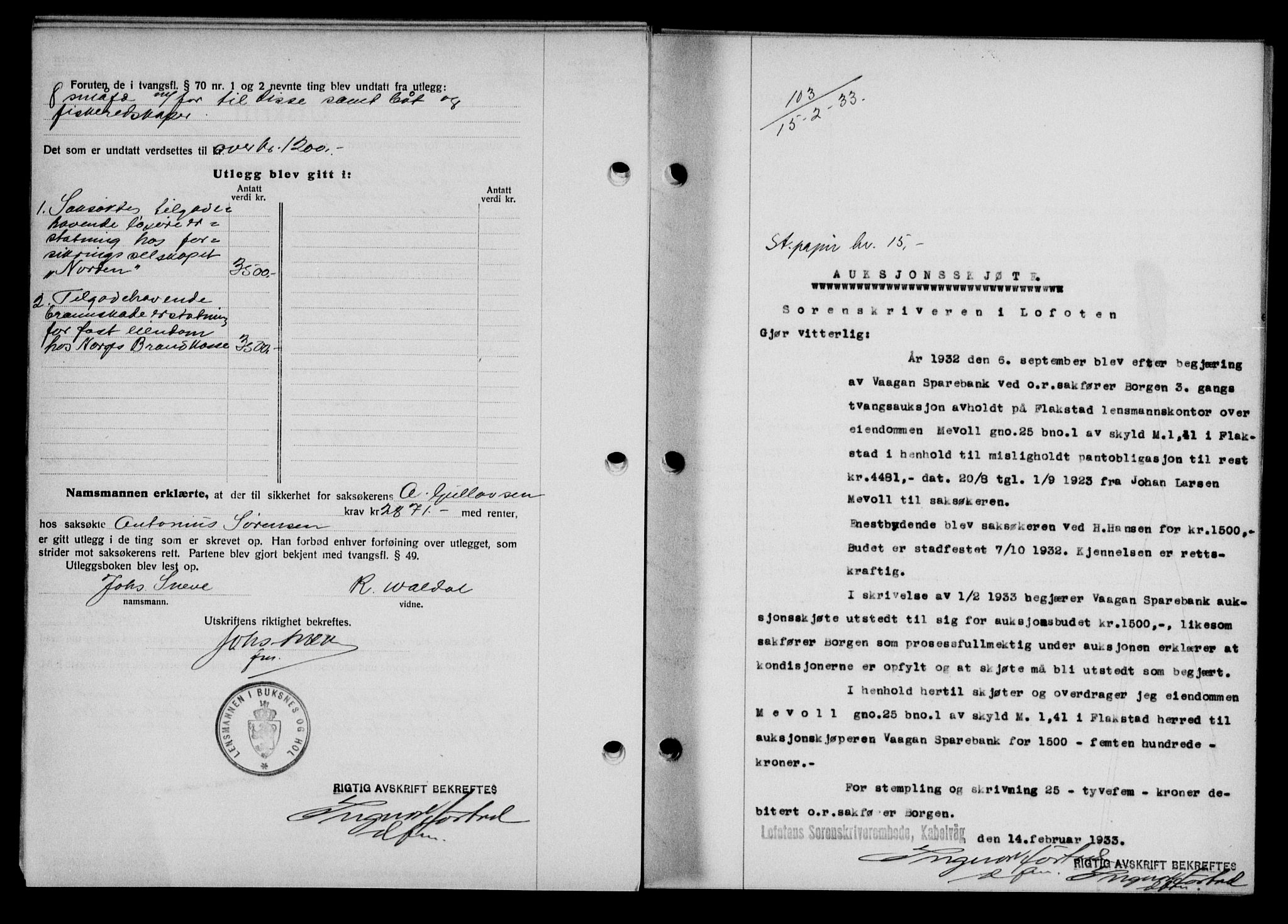 Lofoten sorenskriveri, AV/SAT-A-0017/1/2/2C/L0027b: Mortgage book no. 27b, 1933-1933, Deed date: 15.02.1933