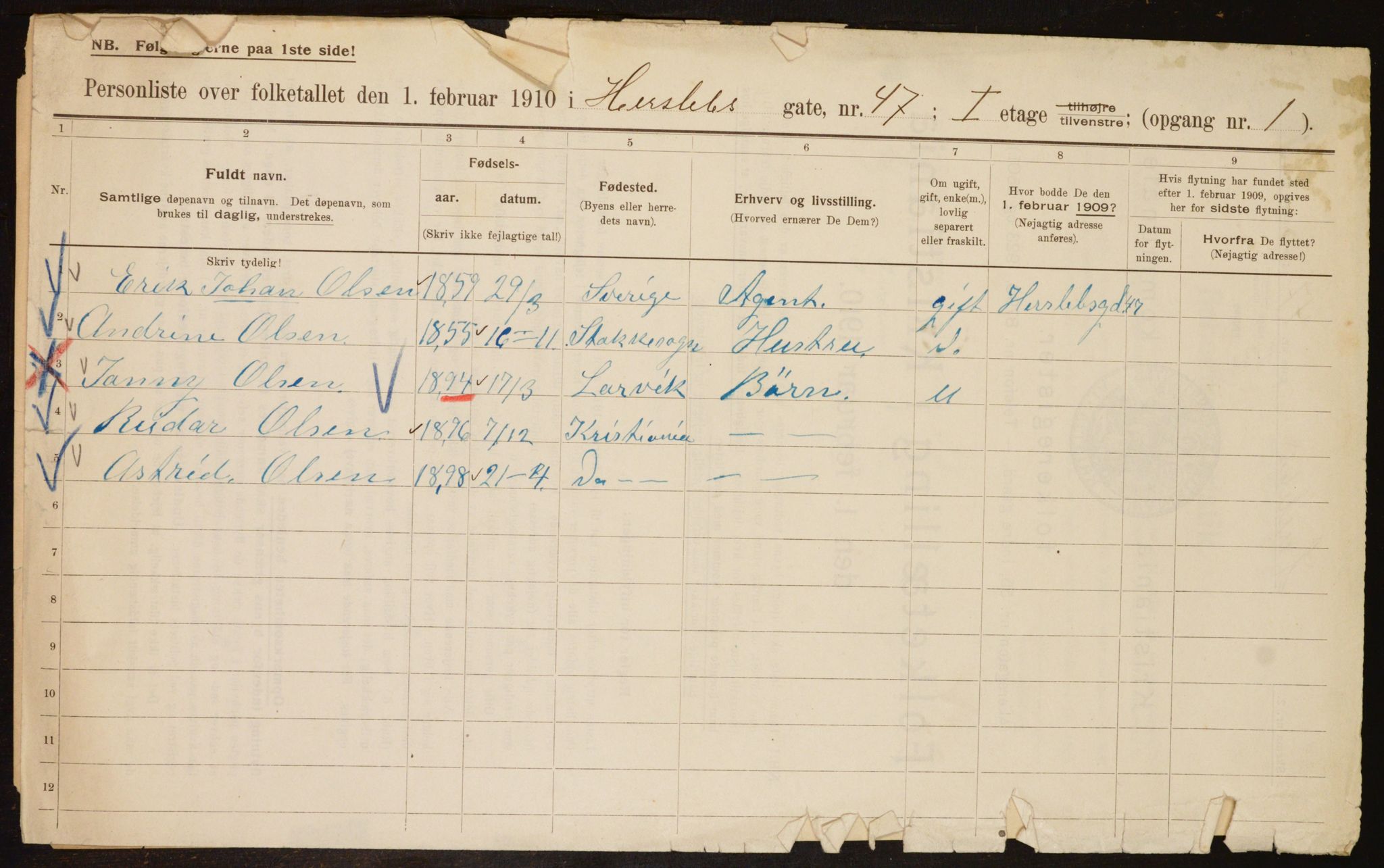 OBA, Municipal Census 1910 for Kristiania, 1910, p. 39101