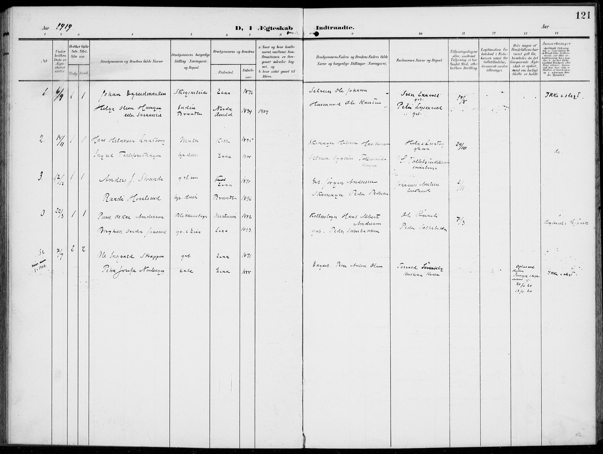 Kolbu prestekontor, SAH/PREST-110/H/Ha/Haa/L0001: Parish register (official) no. 1, 1907-1923, p. 121