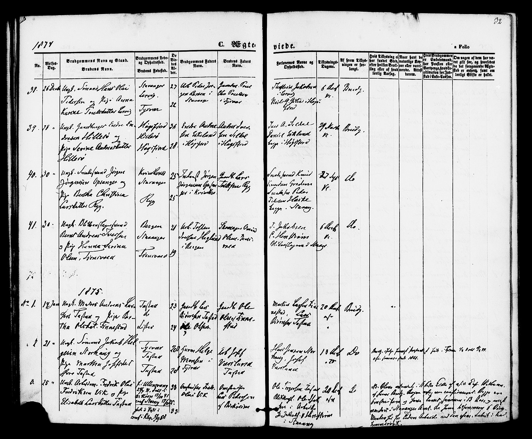 Hetland sokneprestkontor, SAST/A-101826/30/30BA/L0005: Parish register (official) no. A 5, 1869-1884, p. 32