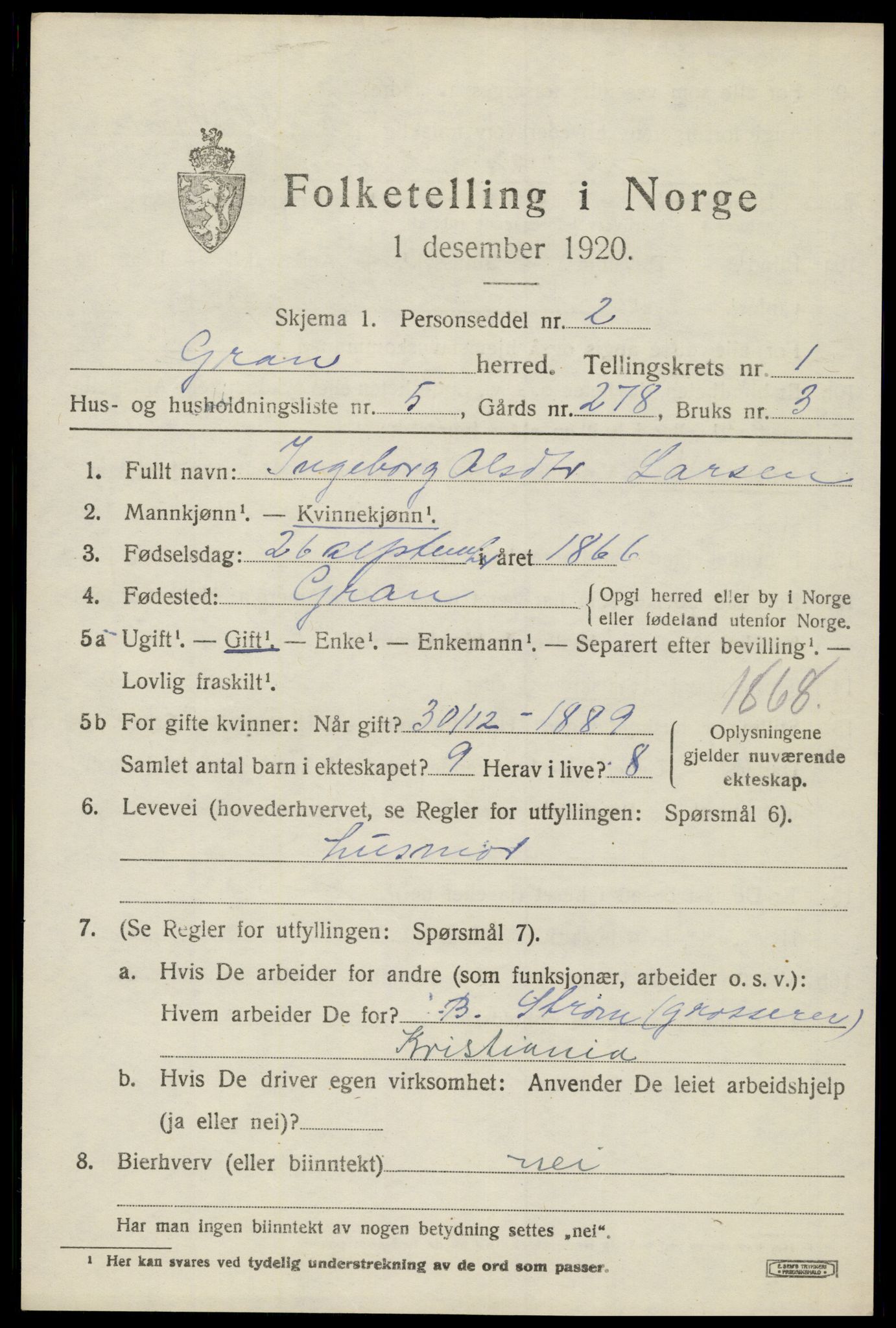 SAH, 1920 census for Gran, 1920, p. 1732