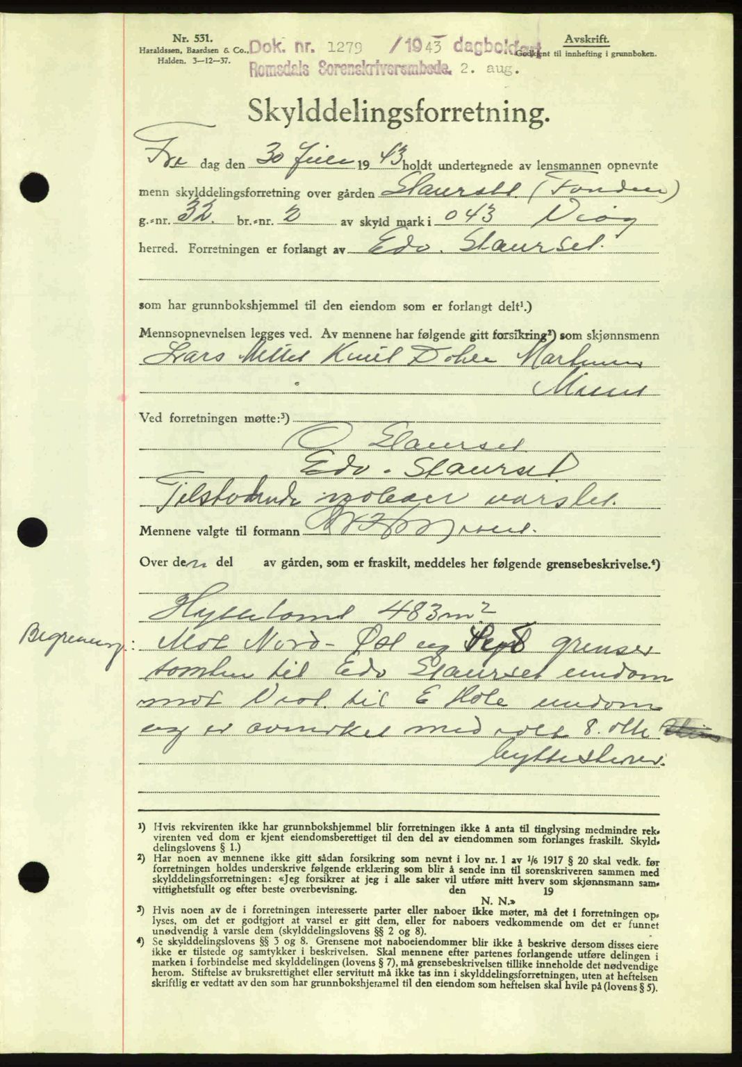 Romsdal sorenskriveri, AV/SAT-A-4149/1/2/2C: Mortgage book no. A14, 1943-1943, Diary no: : 1279/1943