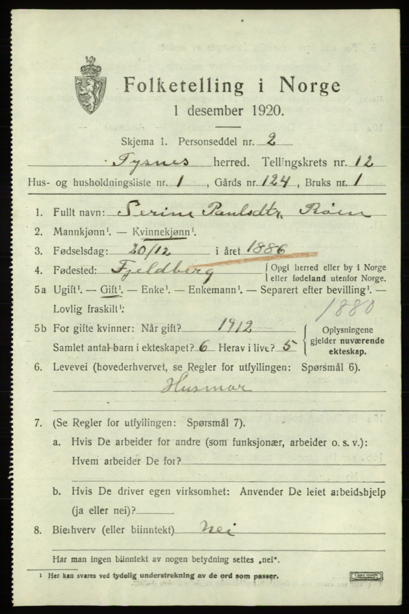 SAB, 1920 census for Tysnes, 1920, p. 8454